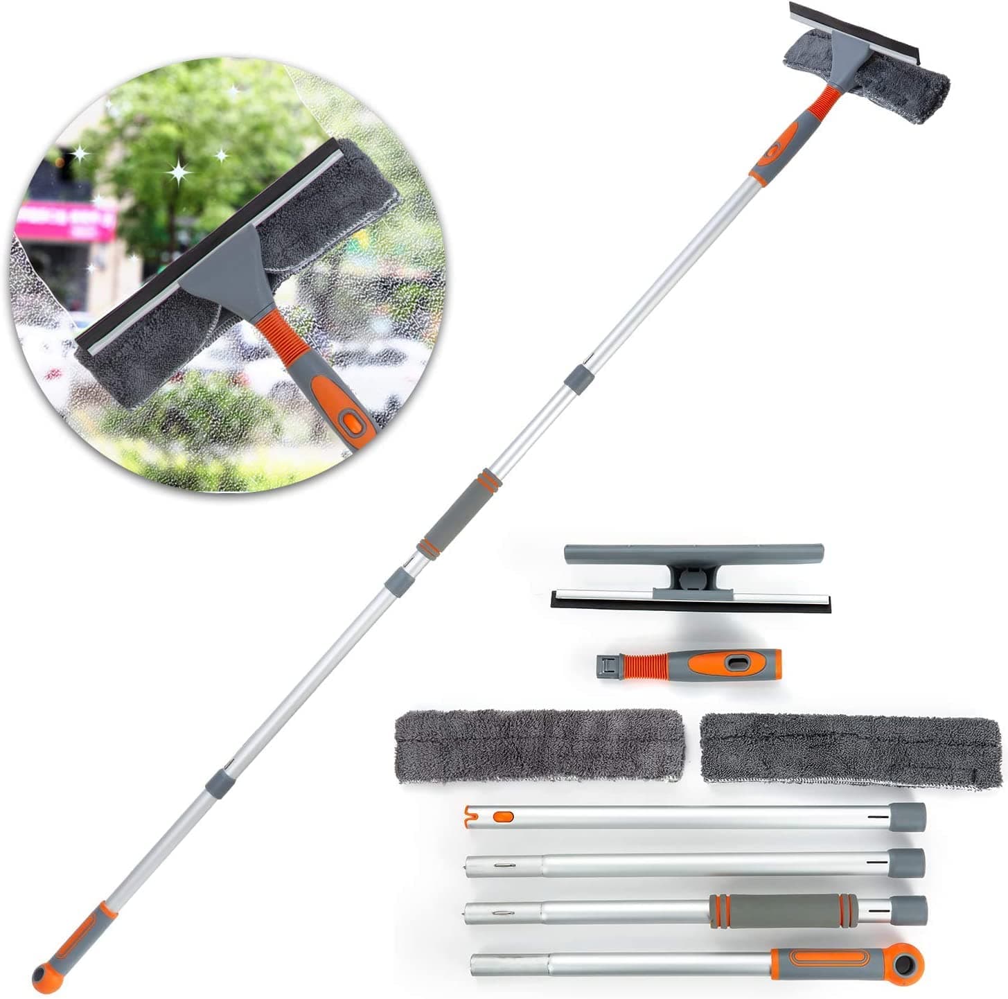 Professional Window Squeegee Cleaner, 2 in 1 Shower Squeegee with Extension Pole, 62‘’ Telescopic Window Washing Equipment with Bendable Head, Glass Cleaning Tools for Indoor/Outdoor High Window