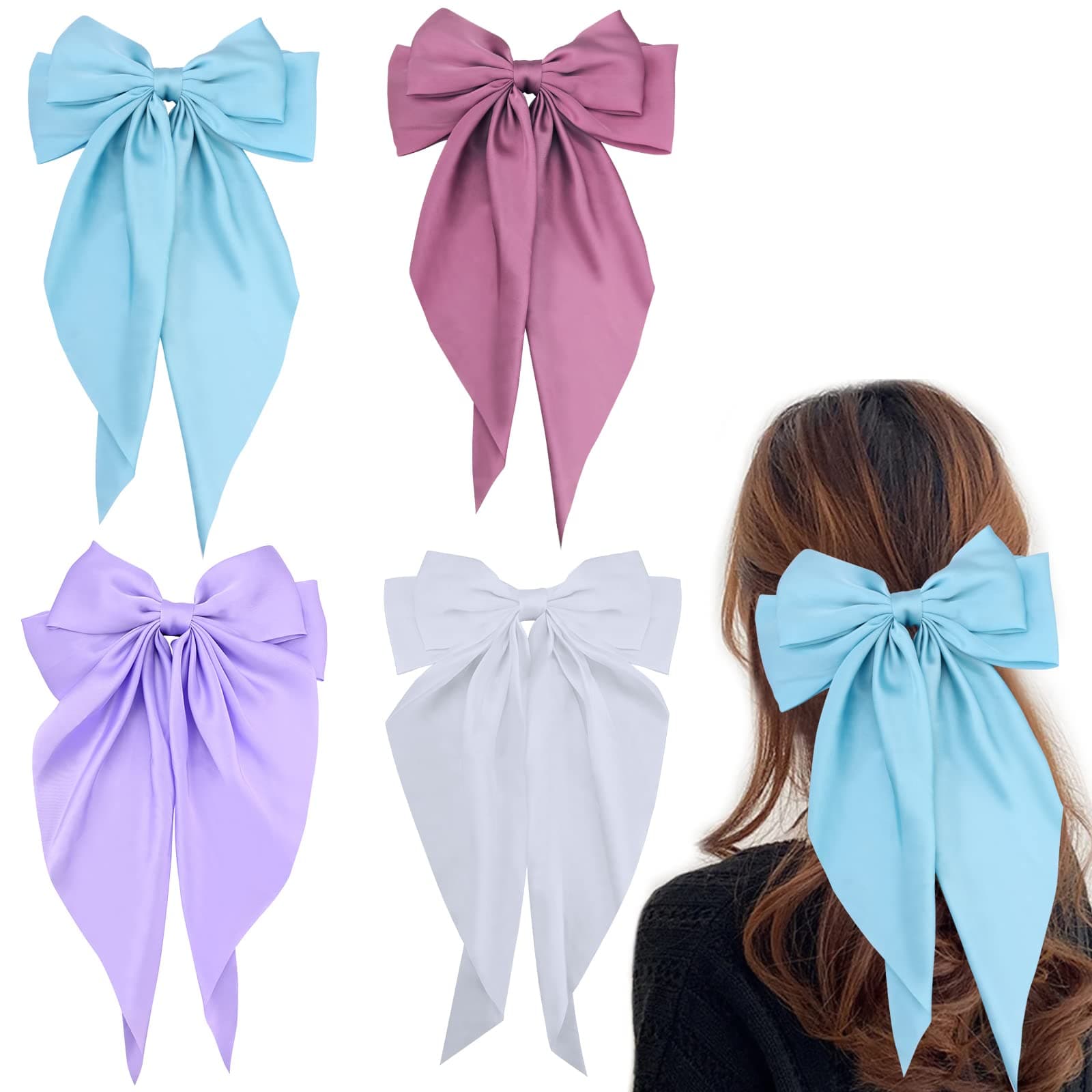 Bekecidi 4 Pack Big Bow Clip Solid Color Bowknot Hairpin Large Hair Bows for Women French Barrette with Long Silky Satin for Adult Teens Women Hair Accessories(Pink, Pure White, Purple, Light Blue)