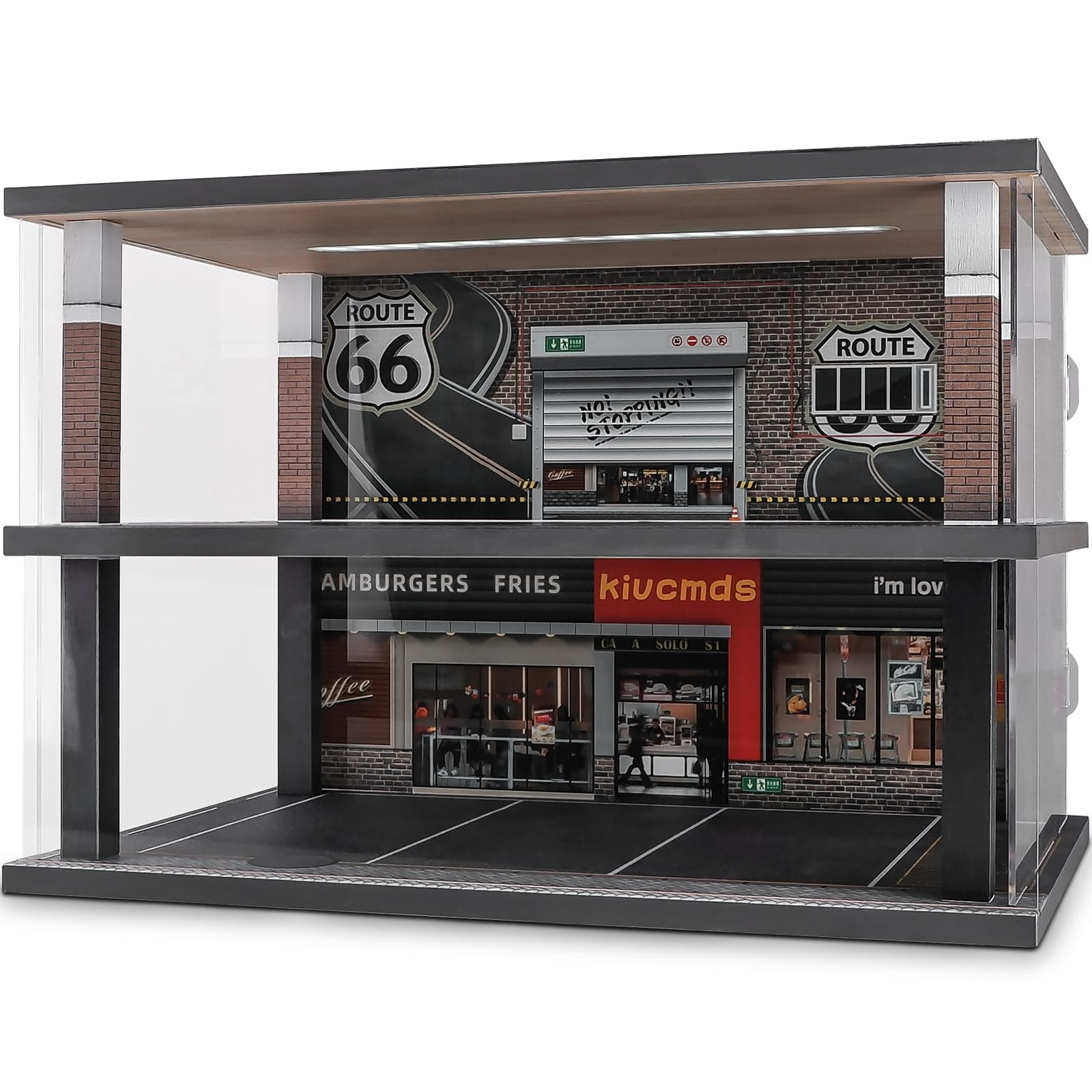 1:24 Scale Car Model Display Case with Parking Lot Scene for Car Model Toys and Lego, Display Stand for Alloy Car Model Toys with Light and Dust Cover (Fast Food Shop Parking Lot)