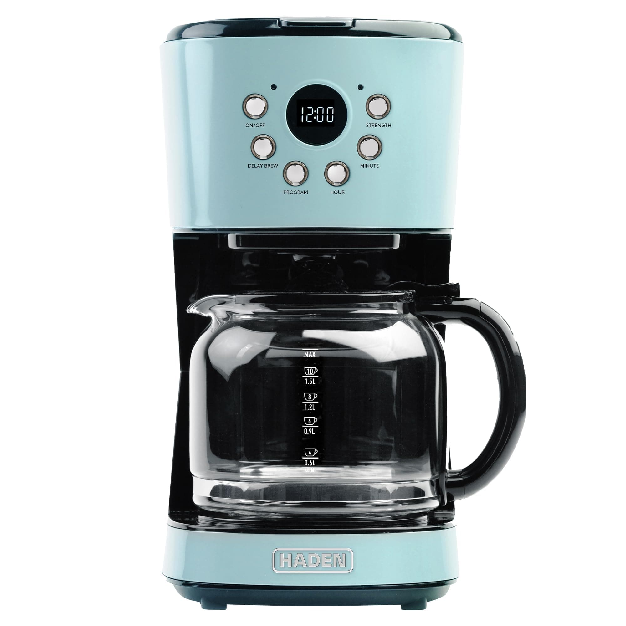 Haden Coffee Machine, 12 Cup Programmable Drip Coffee Maker with Auto Shut-Off Function and Reusable Washable Water Filter, Turquoise & Chrome