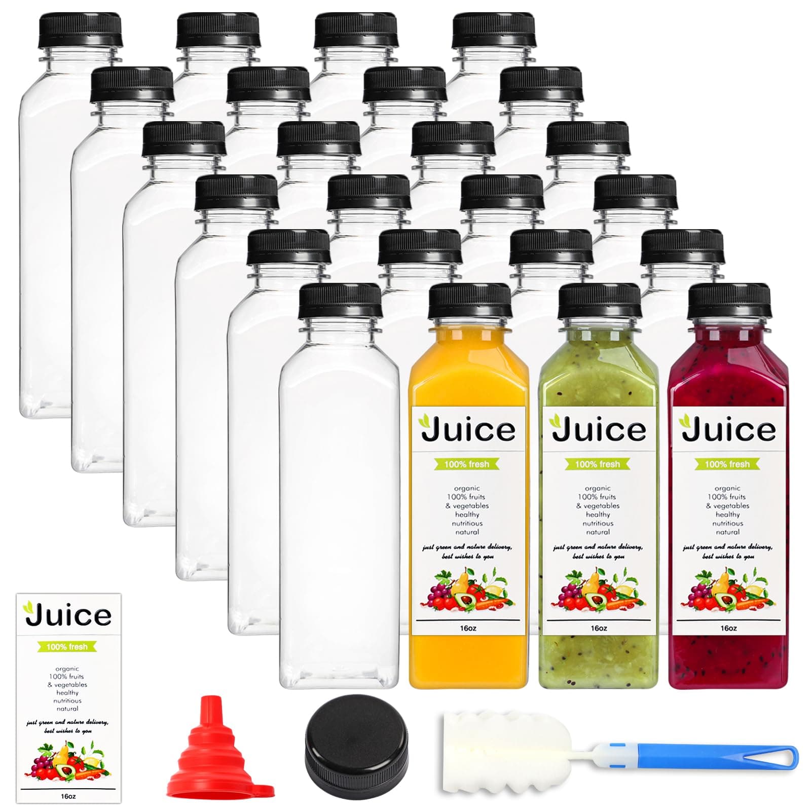 DEPEPE 24 Pack 16 Oz Plastic Juice Bottles with Caps, Reusable and Take Out Juicing vessels with Lids, Clear Bulk Containers for Smoothie, Drinking and Other Beverages
