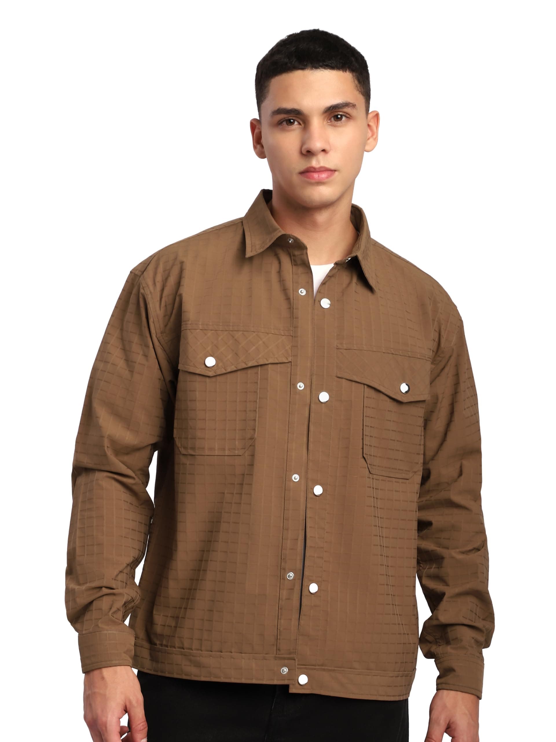 BEYOUNG Camel Brown Block Textured Shacket for Men