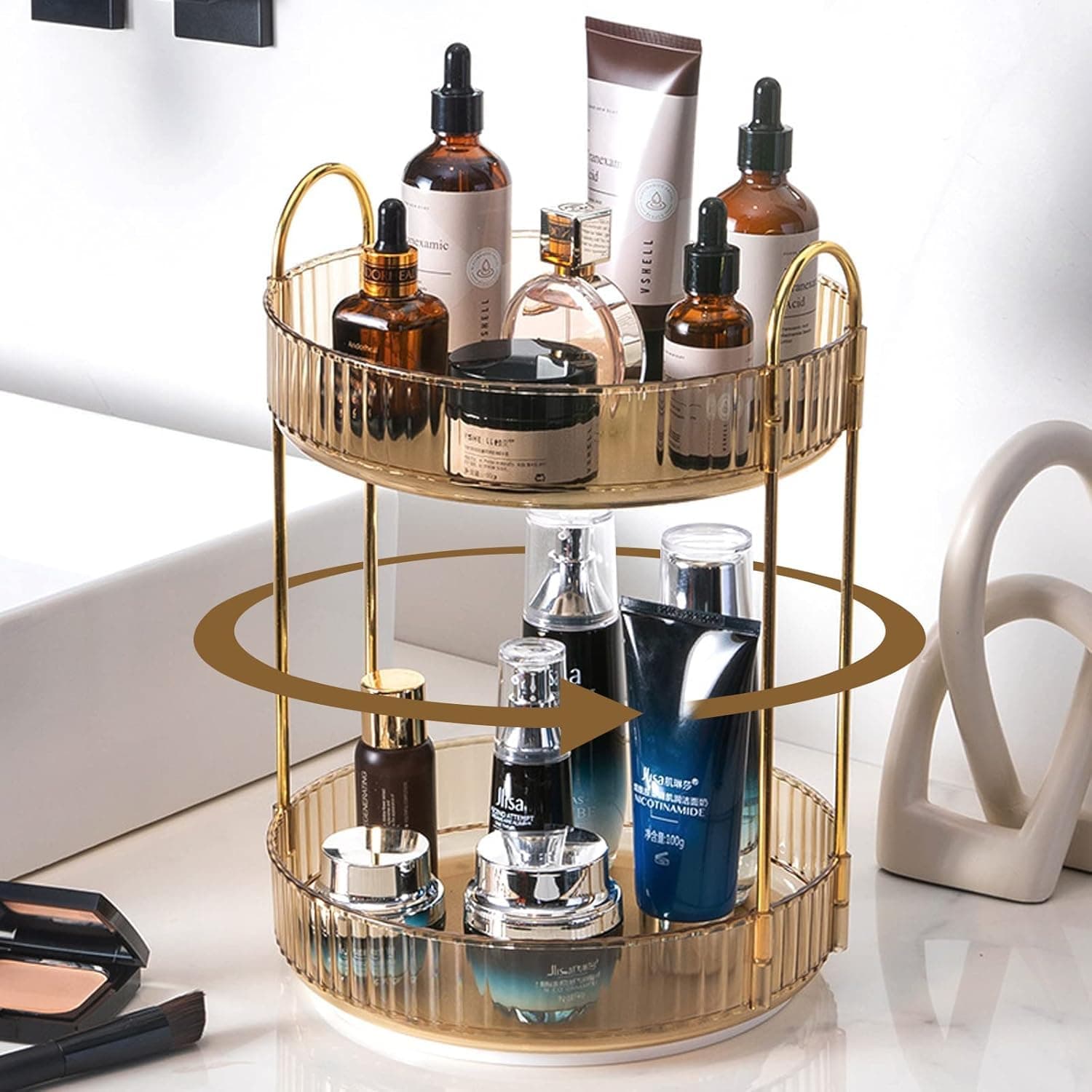 2-Tier Makeup Organizer Storage Box |360° Rotating Vanity Tray for Cosmetics, Skincare Organizers, Stationery & Countertop Storage | Bathroom & Dressing Table Organizer, Ideal Gift for Women