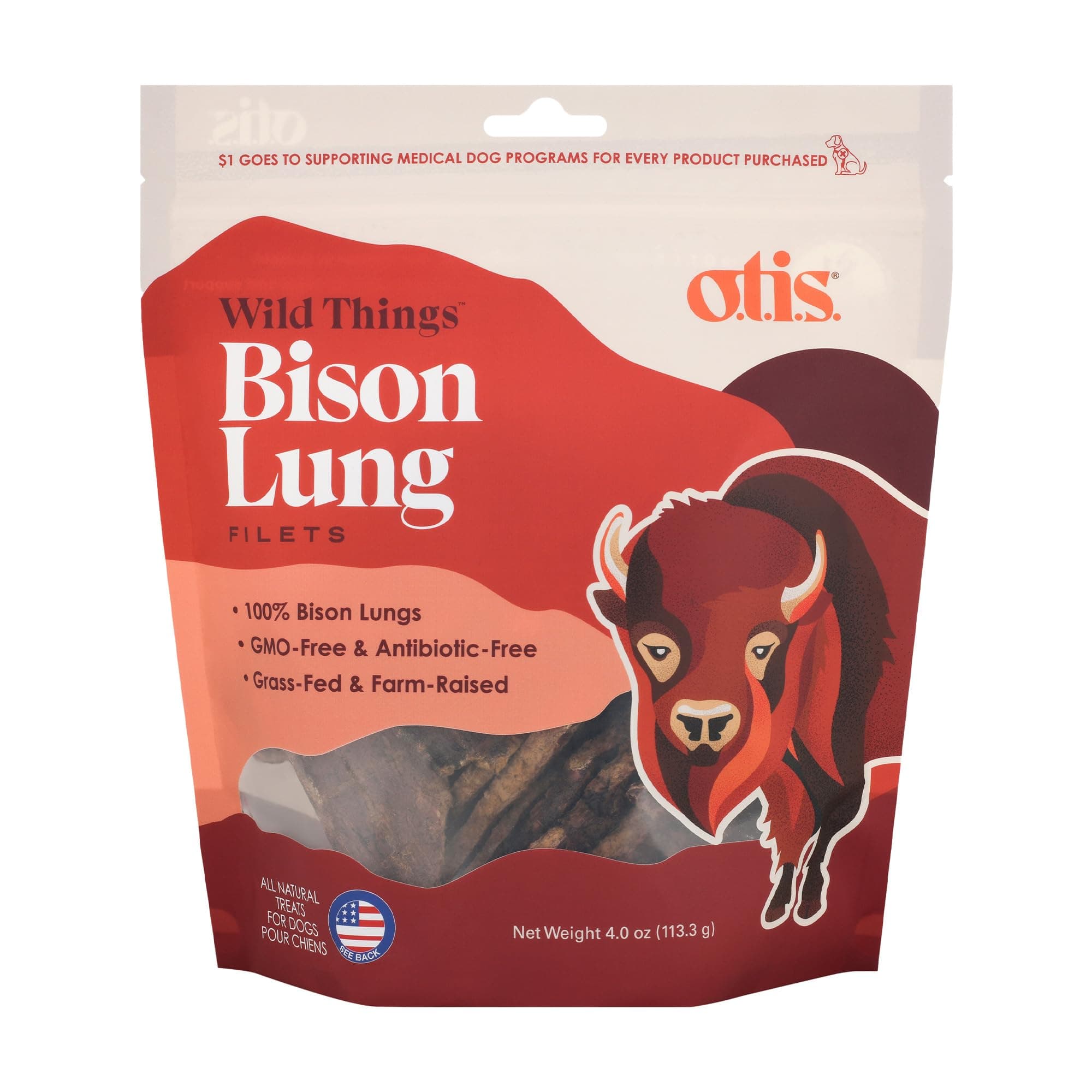 O.T.I.S. Wild Things Bison Lung Filets – 4 oz – Single-Ingredient Dog Treats – Grass-Fed, Farm-Raised Bison – No Hormones, Antibiotics, or Additives