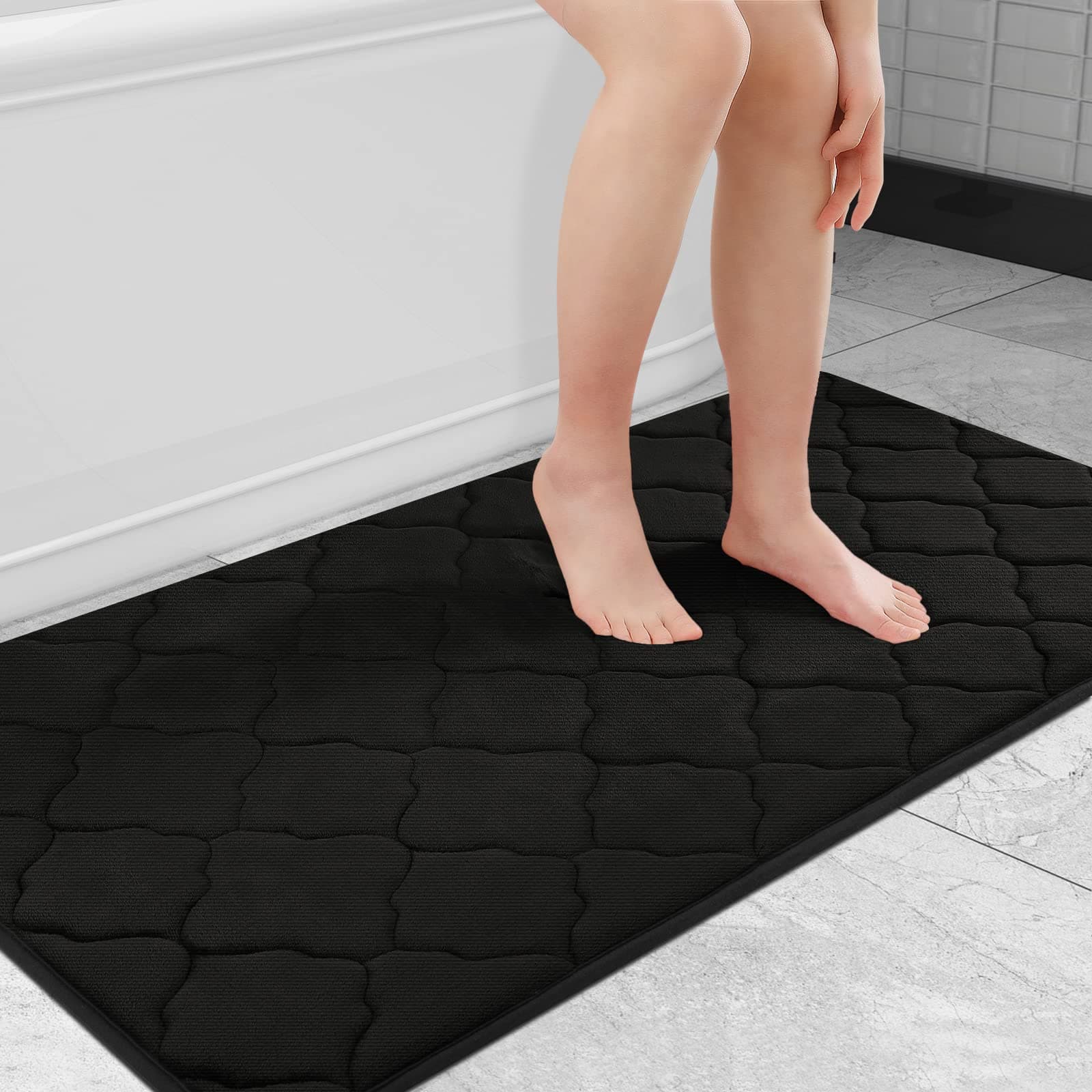 OLANLYMemory Foam Bath Mat Rug, Large Size Ultra Soft Non Slip and Absorbent Bathroom Rug, Machine Wash Dry, Comfortable, Thick Bath Rug Carpet Runner, 24x47, BlackOEKO-TEX STANDARD 100