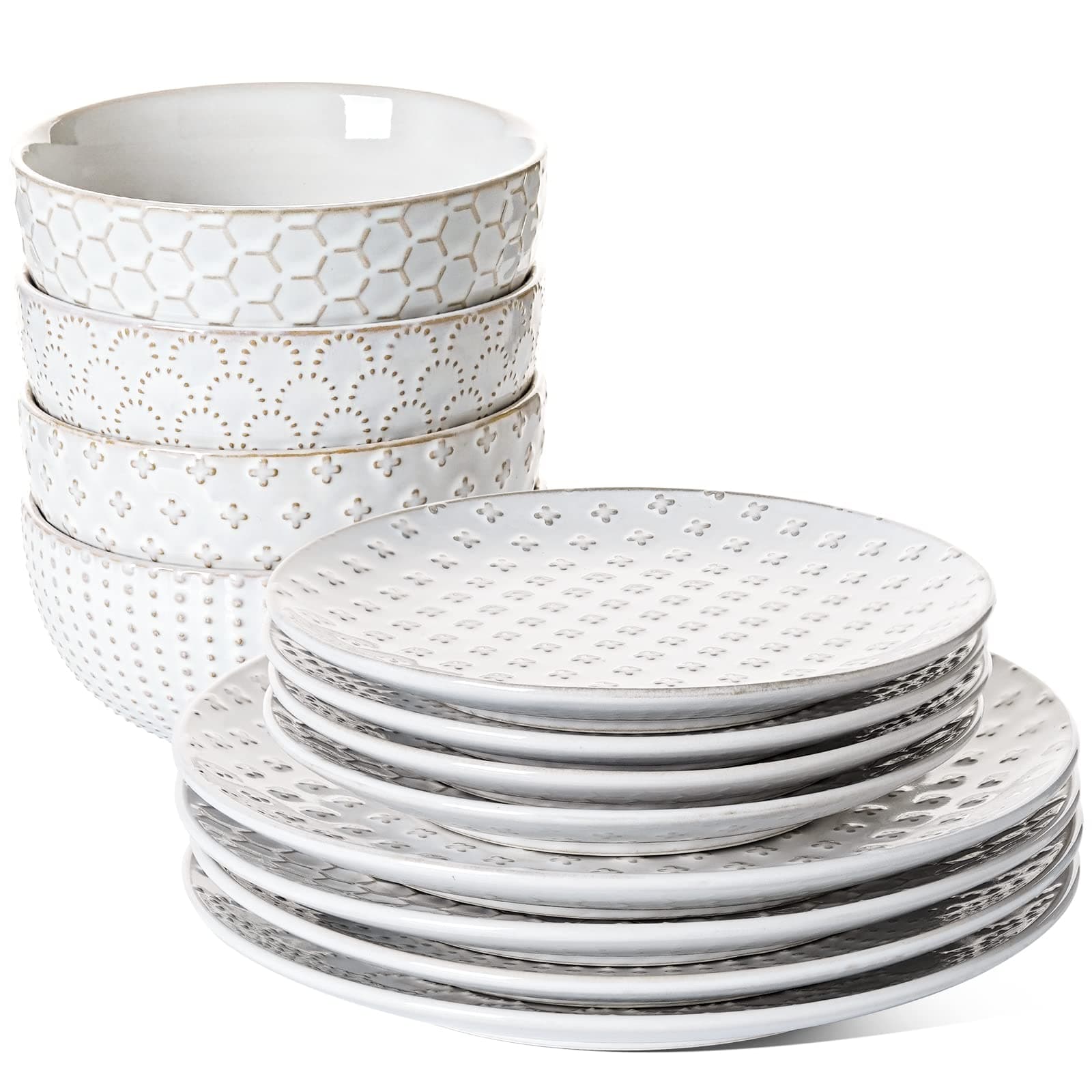 LE TAUCI Plates and Bowls Sets for 4, 12 Piece Ceramic Dinnerware Sets, Modern Stoneware Kitchen Dish Set, Chip Resistant, Microwave & Dishwasher Safe, Embossed, Arctic White
