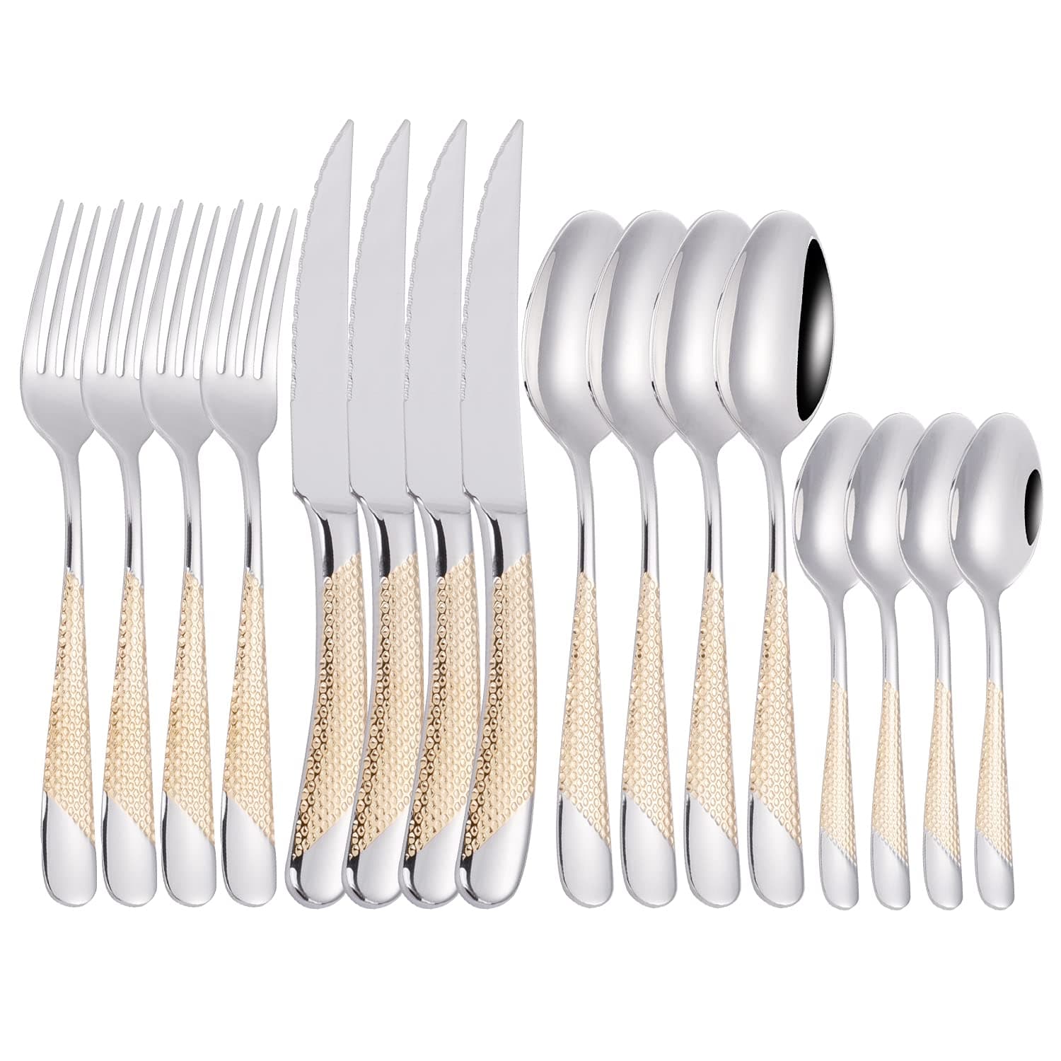 16 Piece Silverware Set, Stainless Steel Flatware Set Spoon and Fork Set for 4, Kitchen Utensil Cutlery Set, Mirror Finish, Dishwasher Safe Gift Package (gold)