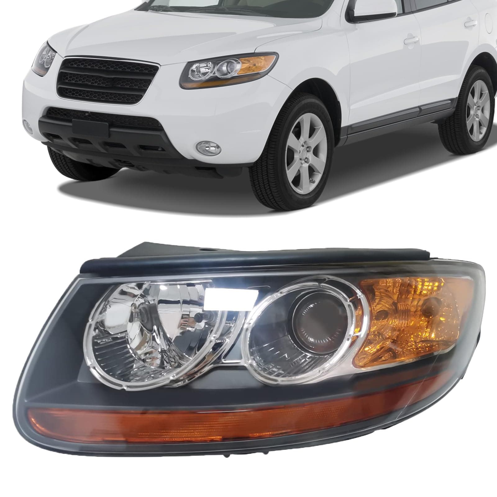Front Headlight for 2007-2012 Hyundai Santa Fe Halogen Headlight, 921010W100 921010W500 Front Headlamp Replacement Assembly(Driver Side Headlight)
