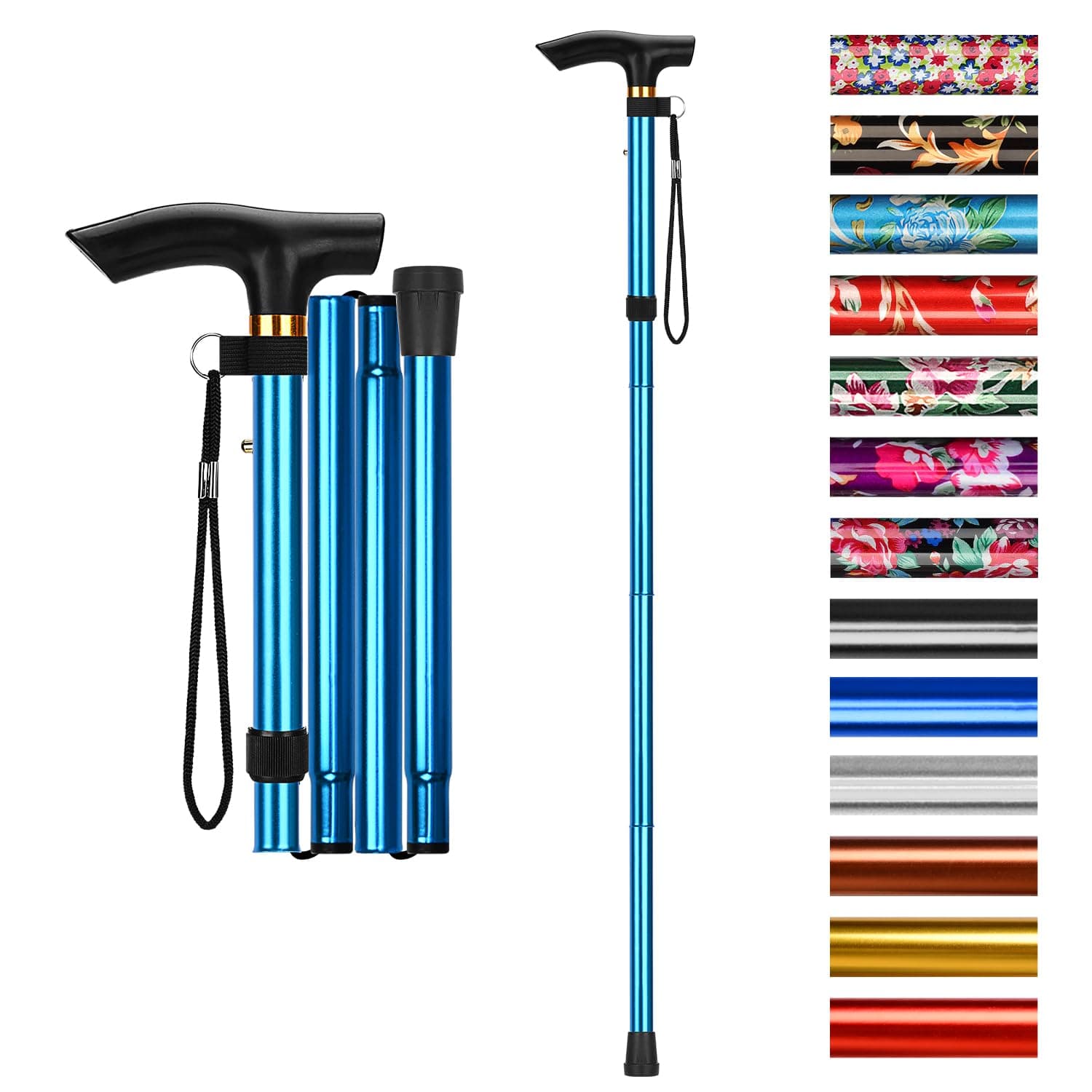 supregear Folding Cane, 5-Level Adjustable Height Walking Stick Lightweight Collapsible Portable Travel Cane with Wrist Strap and T Handle for Elderly Disabled Men Women