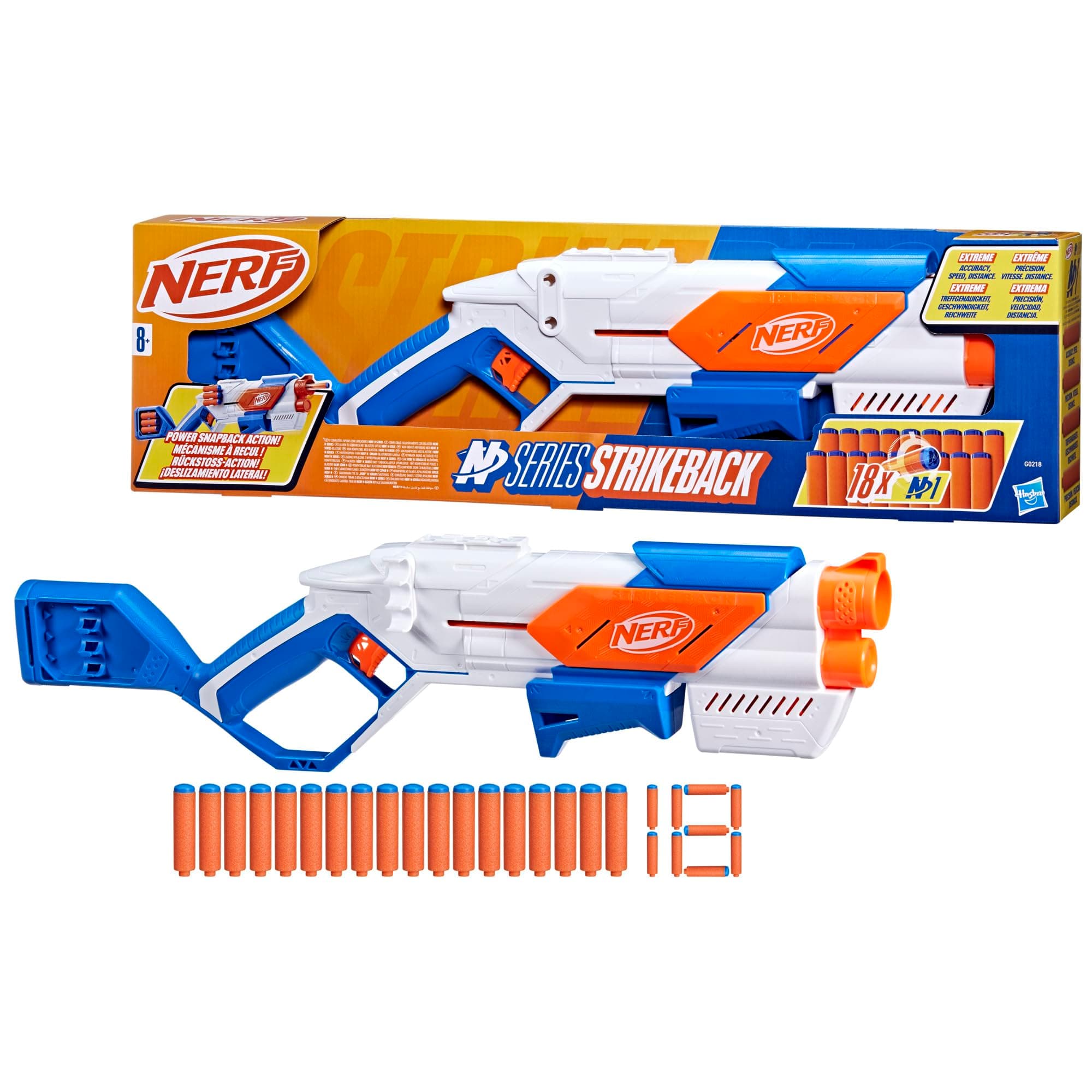 Nerf N Series Strikeback Blaster with Snapback Action, Internal 6-Dart Clip & 12-Dart Storage, Includes 18 Official N1 Foam Darts, High-Performance Toy Blaster for Kids 8 For Kids