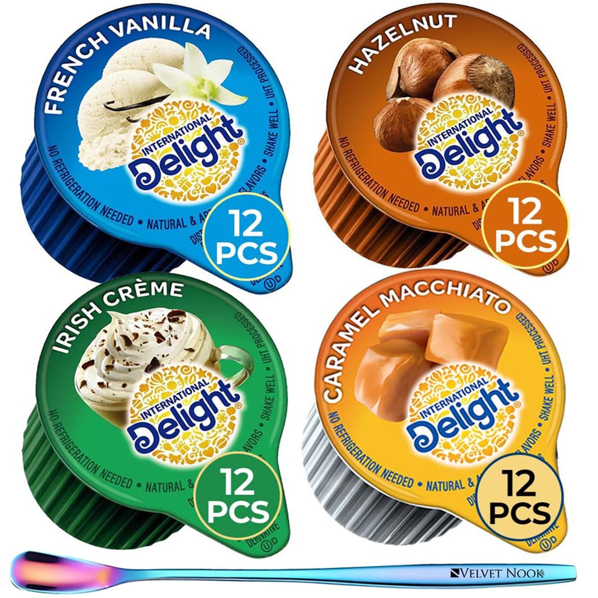 Coffee Creamer Singles Variety Pack - 48-Count Assorted Non Dairy Liquid Coffee Creamers by Int. Delight - 4 Flavors: French Vanilla, Hazelnut, Caramel Macchiato and Irish Crème