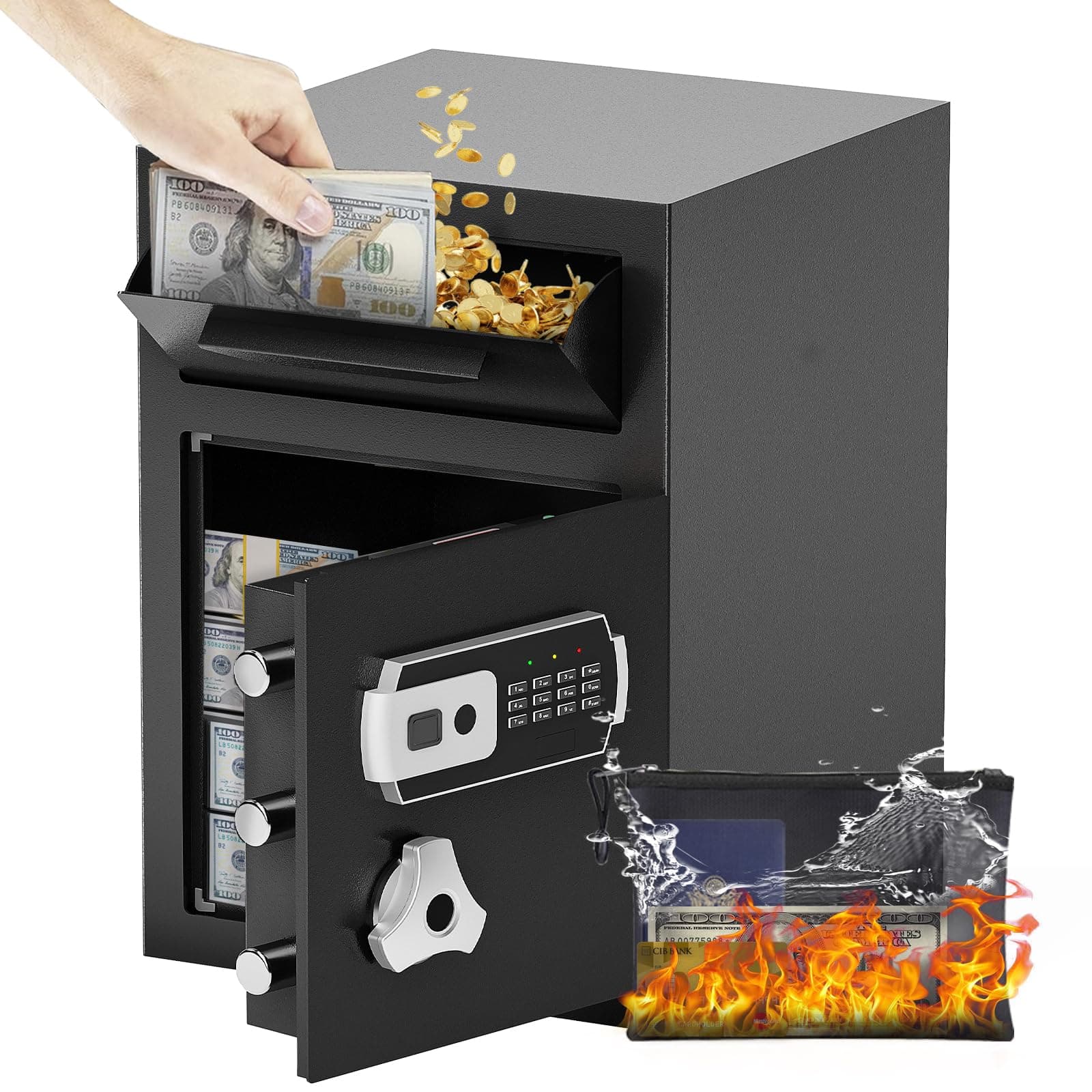 2.8 CUB Drop Safe for Business, Electronic Safe Box with Digital Combination and Anti-Fishing, Depository Safes with Fireproof Waterproof Document Bag, Security Safe for Slips Expense Office Home