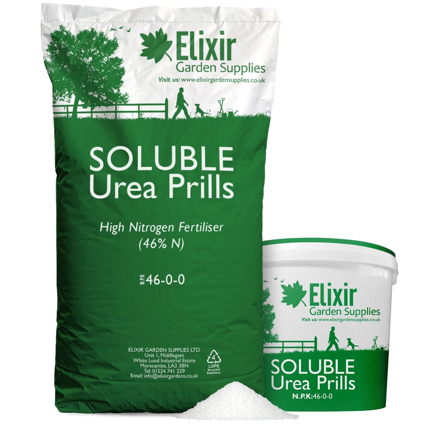 Elixir Gardens Urea Prills (46% Nitrogen) Water-Soluble Fast-Release Fertiliser, Feed & Top Dressing (N.P.K: 46-0-0) | Grass, Lawn & Turf, Shrub, Tree & Plant Foliage Boost | 2kg Bag
