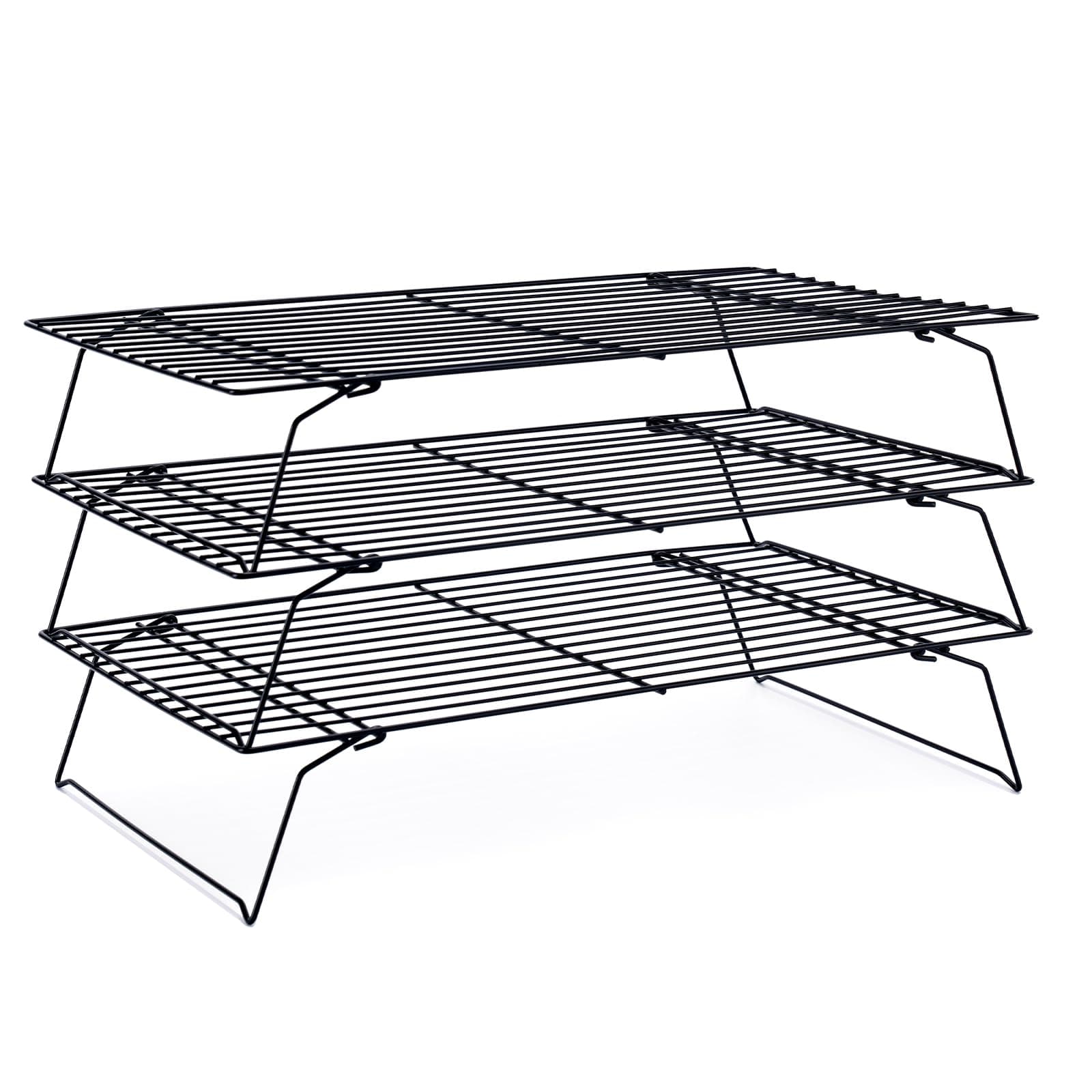 Cooling Rack for Baking 3 Tiers, 16" x 10" Cookie Cooling Wire Rack Stackable Collapsible Nonstick, Stainless Steel Baking Cooking Cooling Racks with Optimum Air Flow, Black