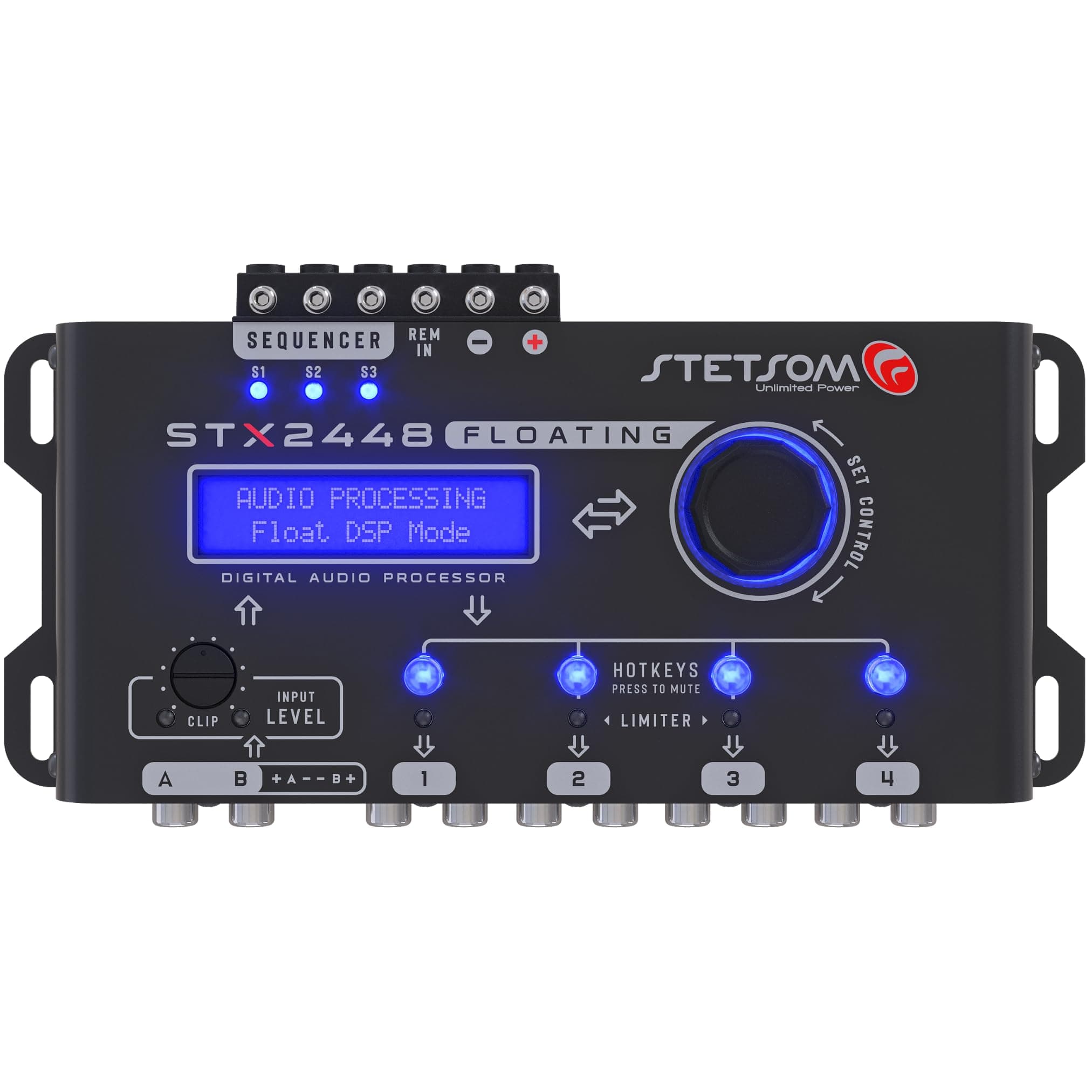 Stetsom STX2448 FLOATING PRO - Full Professional DSP, Digital Signal, Processor PRO, Crossover & Graphic Equalizer 15 Bands, Remote Sequencer, Subharmonic Bass, RCA & HIGH Input, Limiter Peak & RMS