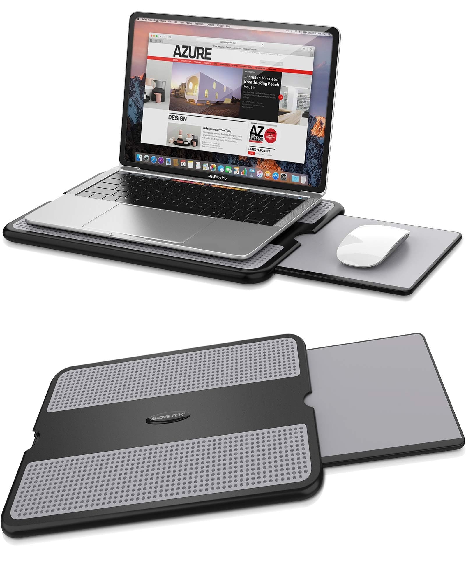 Portable Laptop Lap Desk w/Retractable Left/Right Mouse Pad Tray, Non-Slip Heat Shield Tablet Notebook Computer Stand Table w/Sturdy Stable Work Surface for Bed Sofa Couch or Travel