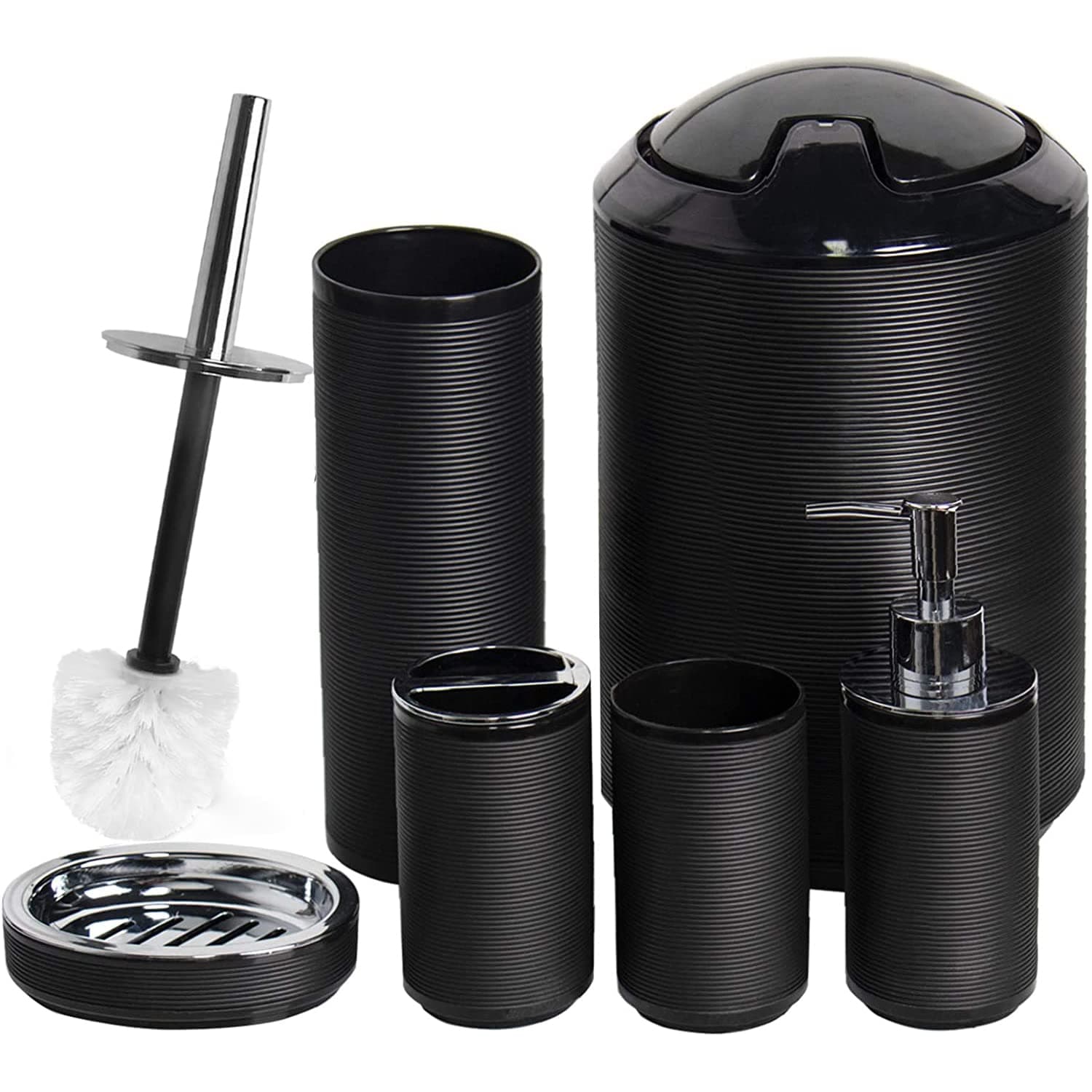 CERBIOR Bathroom Accessories Set 6 Piece Bath Ensemble Includes Soap Dispenser, Toothbrush Holder, Toothbrush Cup, Soap Dish for Decorative Countertop and Housewarming Gift, Black