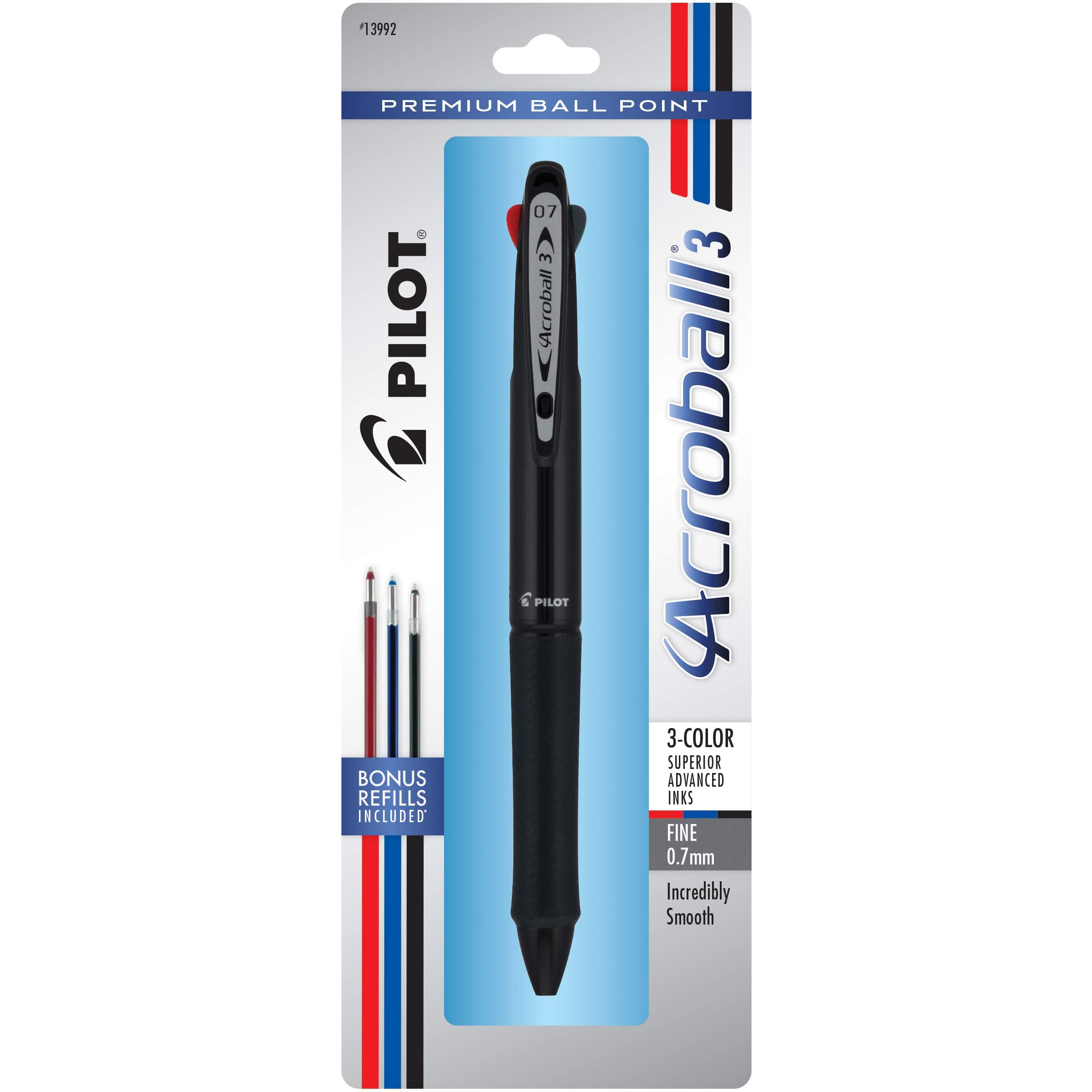 PILOT Acroball 3 Premium Multi-Function Advanced Ink Pen, Fine Point, Black/Blue/Red Inks, Black Barrel, Single Pen (13992)
