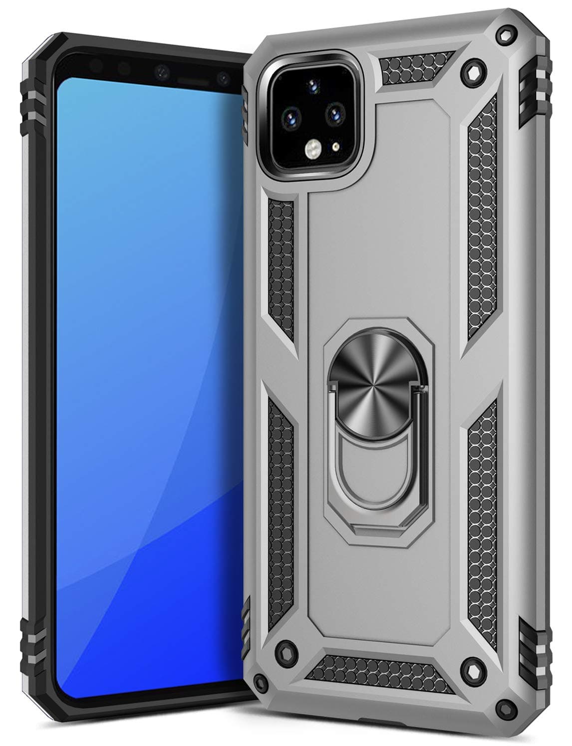 GREATRULY Ring Kickstand Phone Case for Google Pixel 4 XL (2019),Heavy Duty Dual Layer Drop Protection Case,Hard Shell + Soft TPU + Ring Stand Fits Magnetic Car Mount,Silver