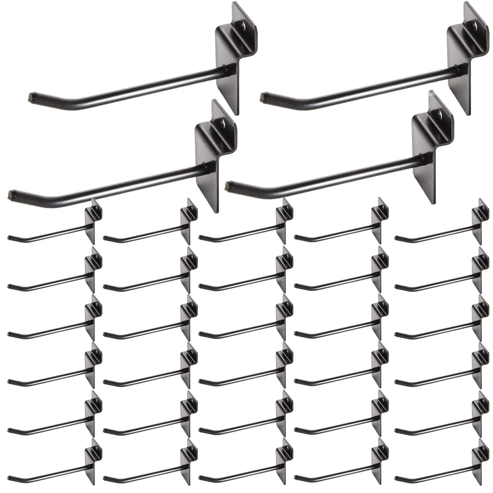 HNBun 32Pack Slatwall Hooks, 4” Heavy Duty Panel Display Hooks, Commercial Grade Slat Board Hooks for Panel, 1/4” Thickness Metal Slatwall Deluxe Hooks for Garage Shop Retail Display, Black
