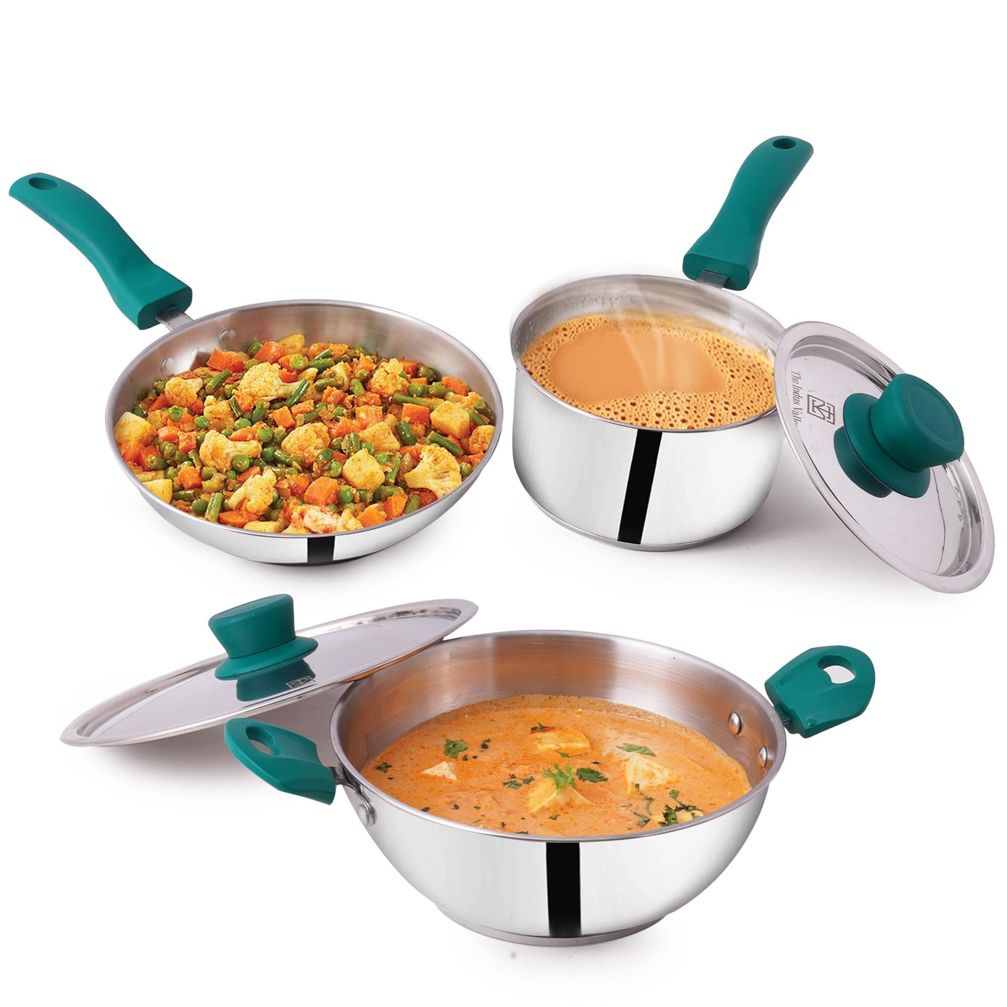 Stainless Steel Cookware Set 3-Layer Thick Bottom - Set Of 5Pcs | Fry Pan (22.8Cm/1.5L)+ Kadai (22.6Cm/2.1L) + Sauce Pan (16.9Cm/1.5L) | Kitchen Cooking Combo Pots & Pans, Silver