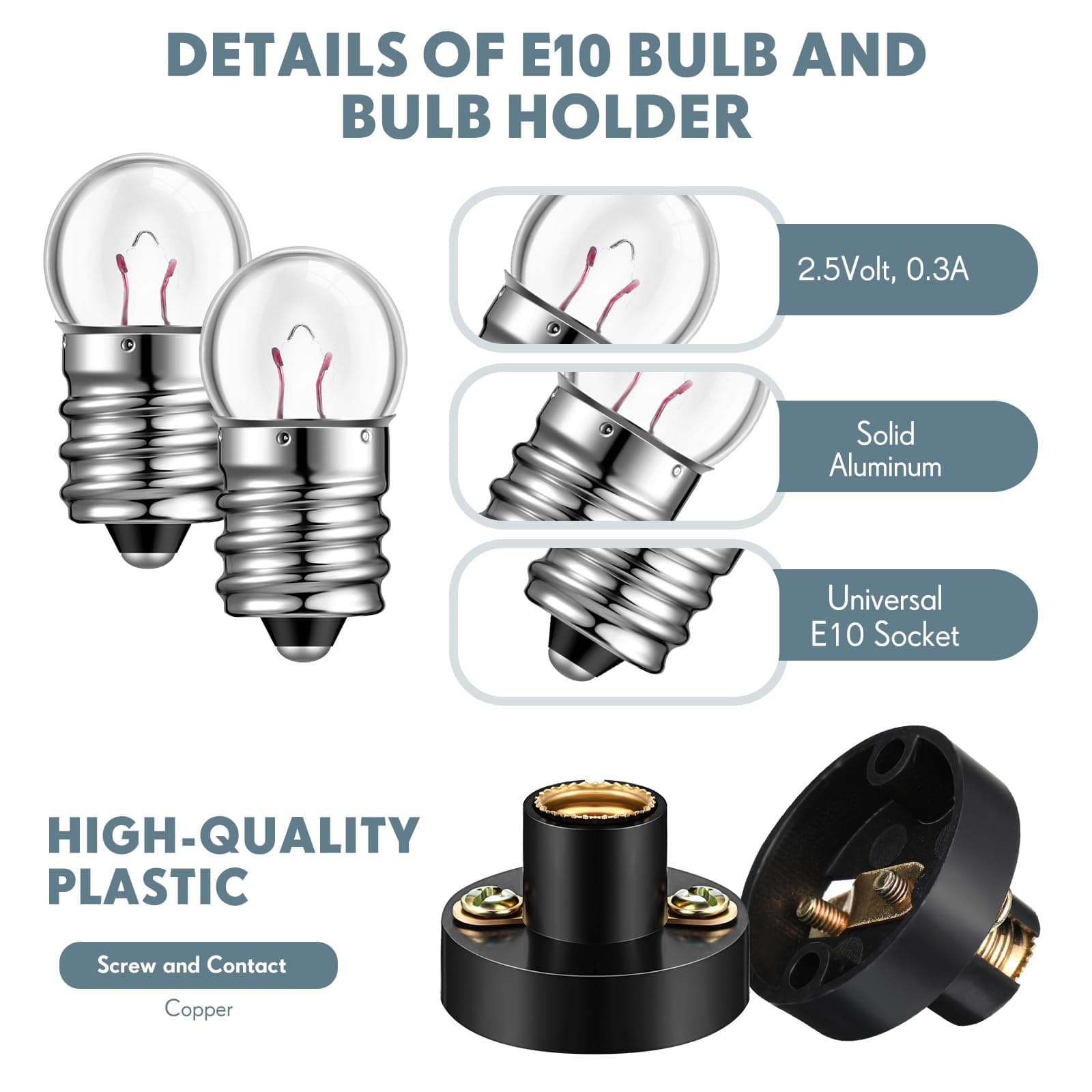 Honoson 60 Pcs E10 Screw Mini Bulbs Warm White Bulb Light and E10 Mini Bulb Holder Screw Type Bulb Socket Black Plastic Bulb Holder for Student Experiment Lighting DIY Accessories (2.5V, 0.3A)