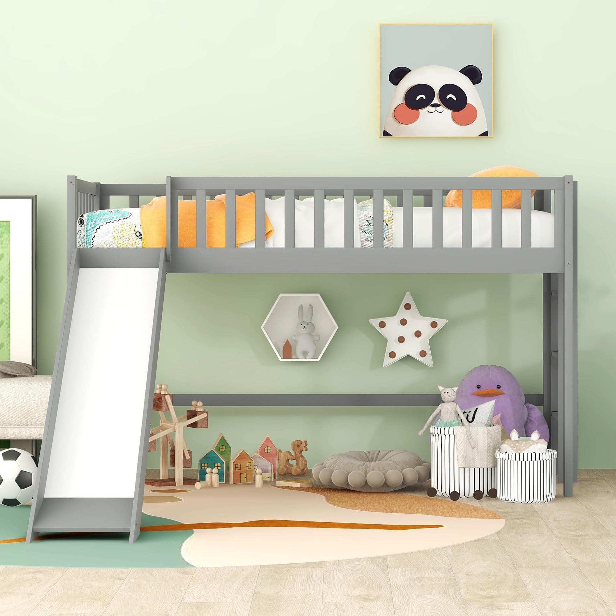 BellemaveTH-00052-E Children's Low Loft Bed, Pine, Grey with Slide, Twin