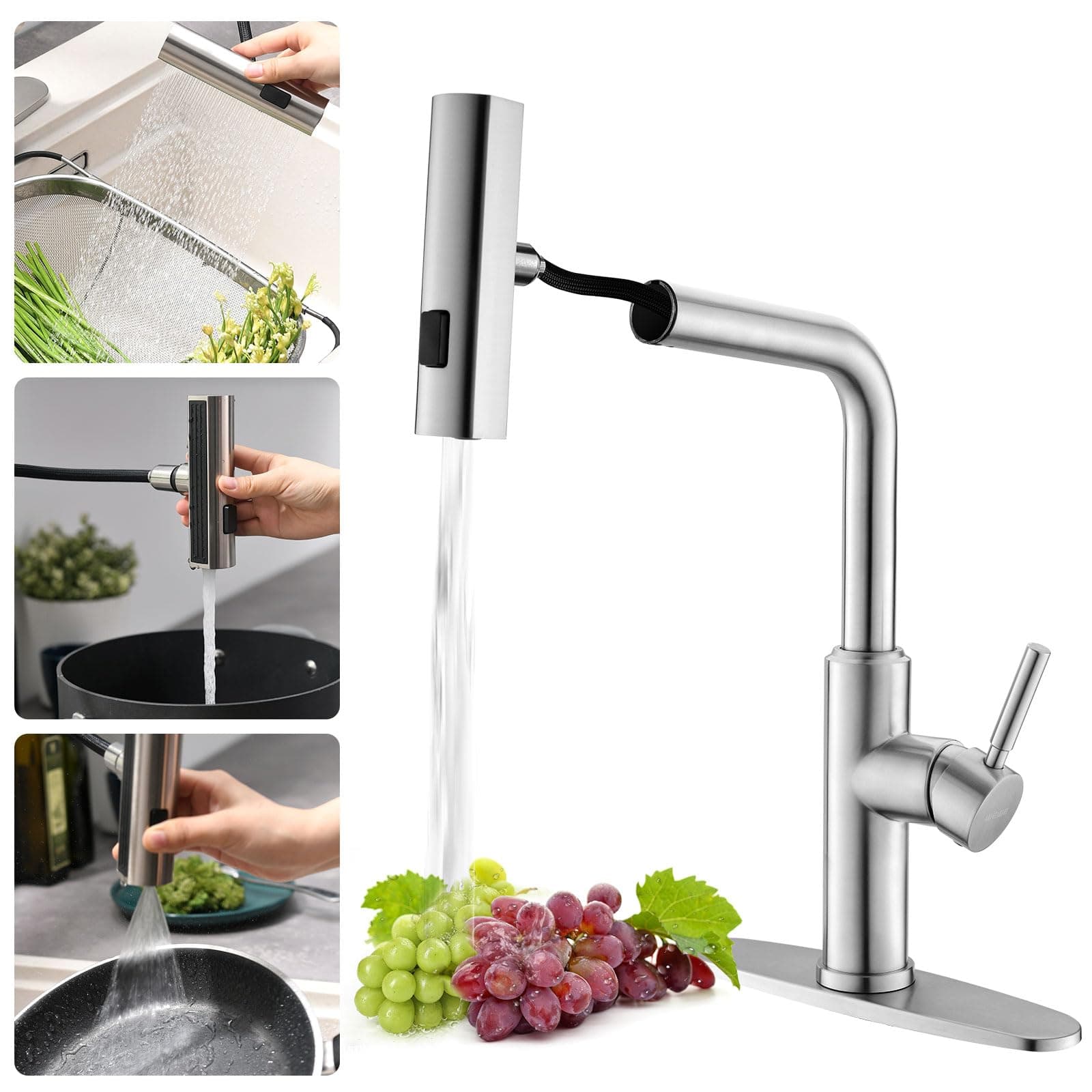 WEWE Waterfall Kitchen Faucet with Pull Down Sprayer, 3 Modes(Sweep/Stream/Waterfall) Rotary Switch Mode Stainless Steel Kitchen Sink Faucet Single Lever Handle Brushed Nickel Sink Fuacet
