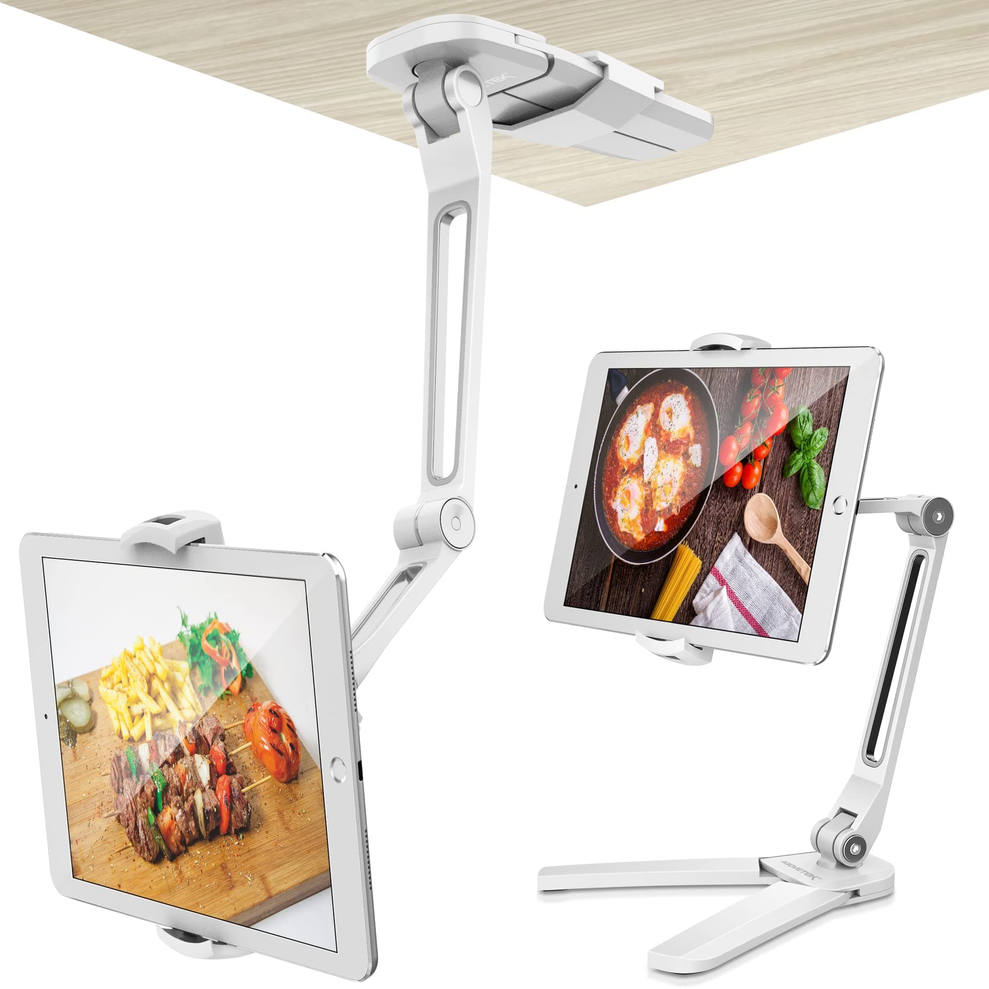 AboveTEK Kitchen Tablet Stand – HIGHFlex 360 Superior Strength Portable 4.7 to 13.5 Inch Universal Tablet Stand & Phone Holder for Kitchen, Counter & Wall – 4 PT Wobble Free Mount (White)