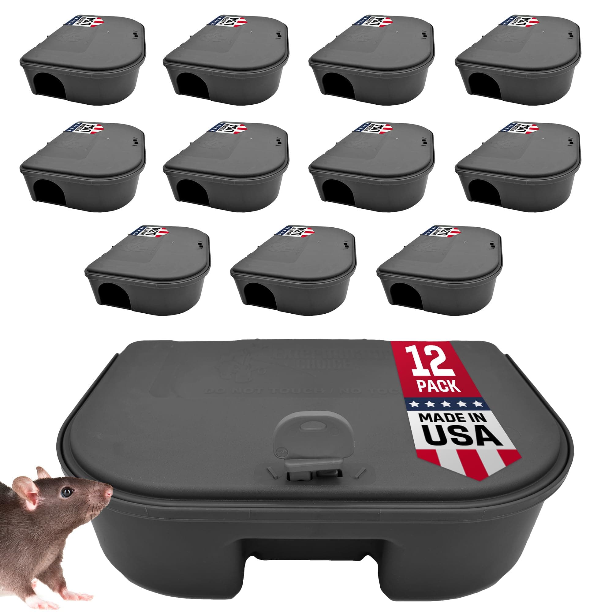 Exterminators Choice Black Bait Station - Includes 12 Stations and 1 Key - Heavy Duty Bait Box for Rats and Other Pests - Durable and Low Profile