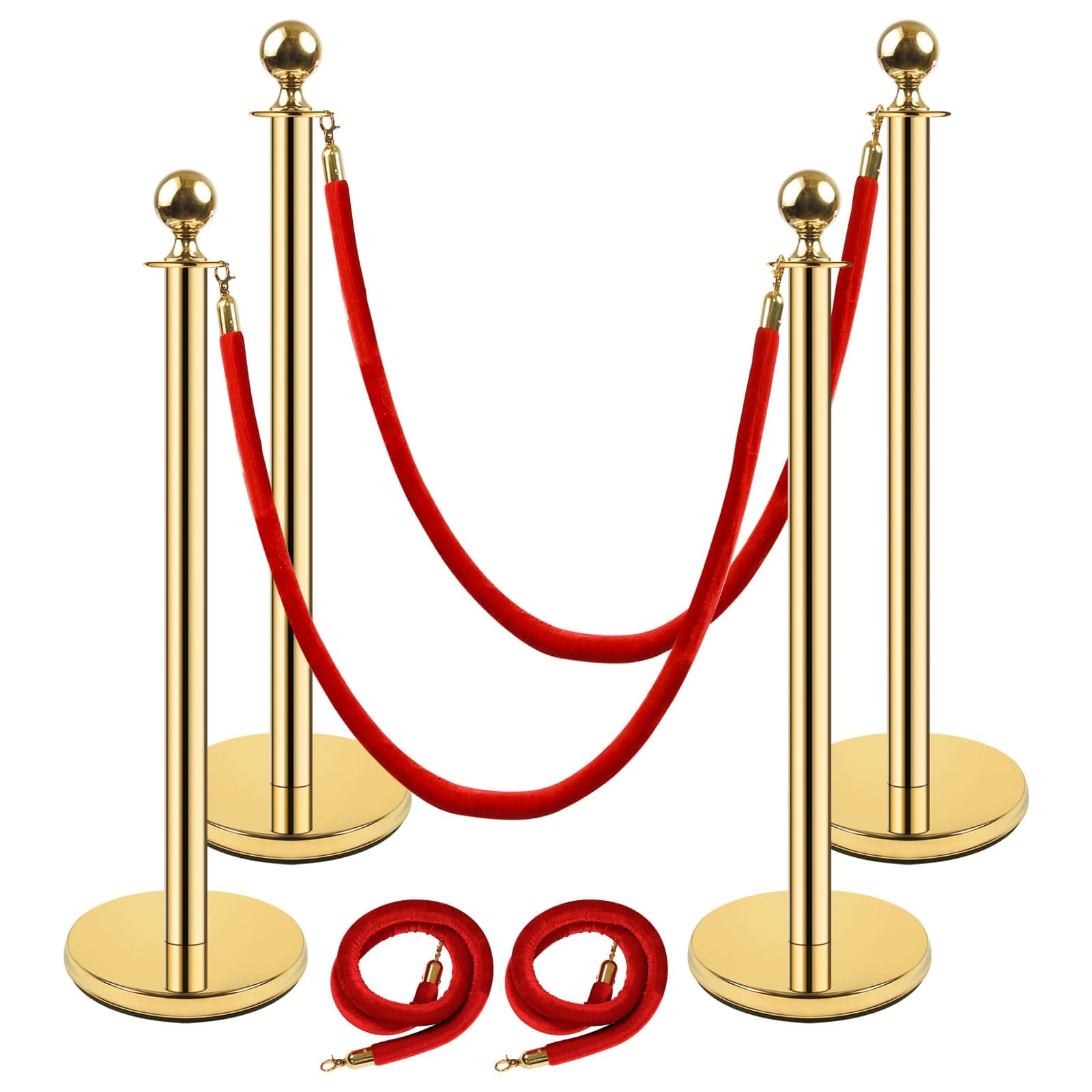 Gold Stanchion Post,38 Inch Stanchion Posts Queue with 5 ft/1.5 m Red Velvet Rope,Hollow Base and Ropes Safety Barriers Set,Crowd Control Barriers Queue Line Rope for Theater Party