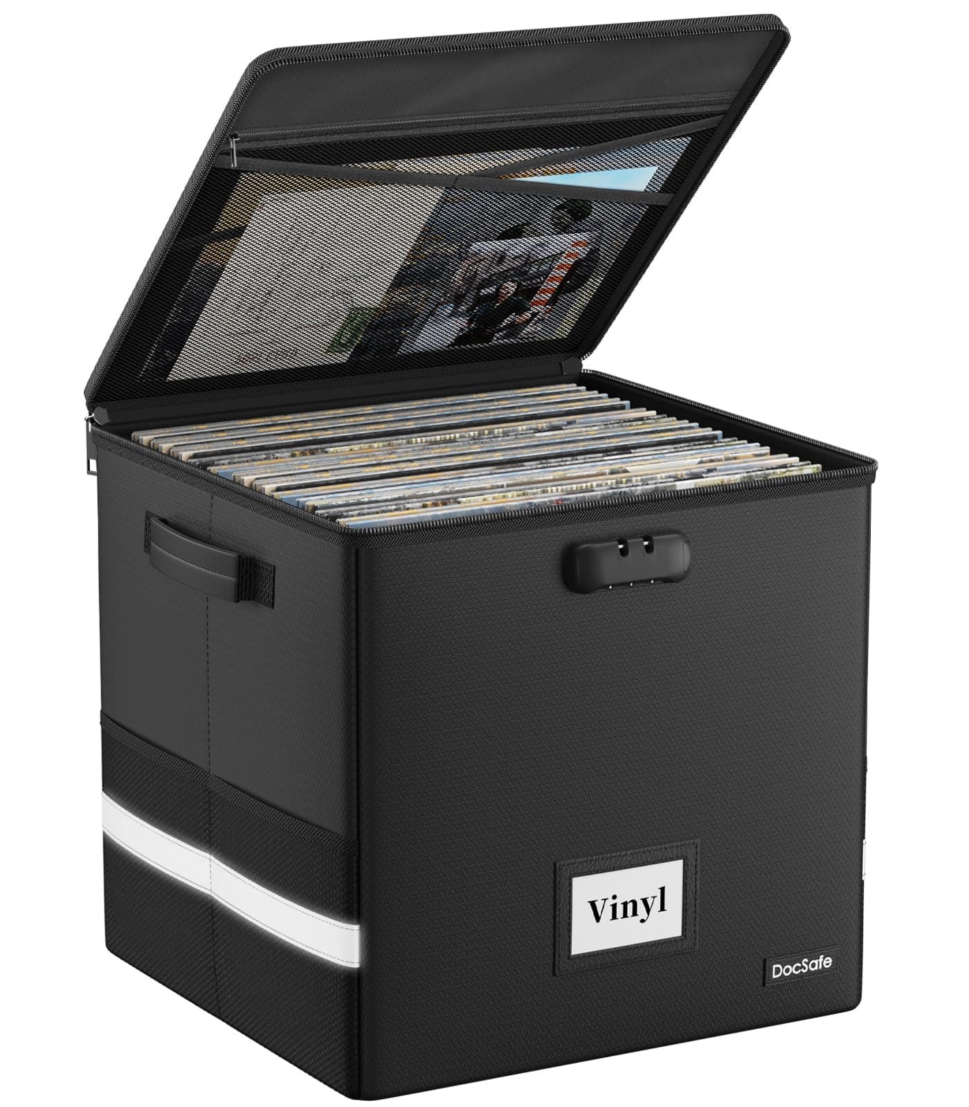 Vinyl Record Storage Box with Lock,Fireproof&Waterproof Vinyl Storage Case for 12 inch Records Holds up to 100+ Single Records,Collapsible Portable Record Organizer for Collecting Valuable Album