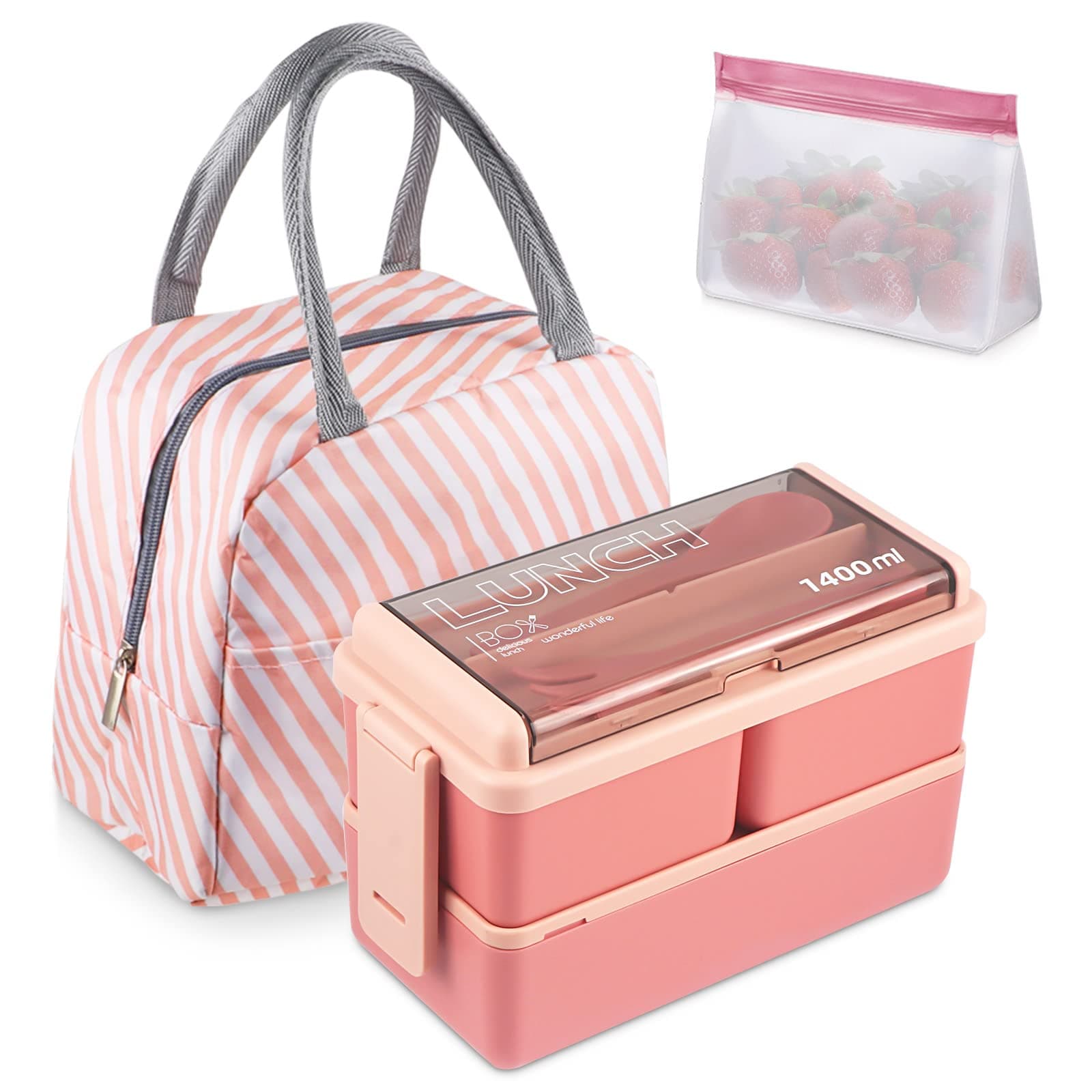 NatraProwBento Box Adult Lunch Box, Stackable Bento Box Set with 3 Compartments, 47.35OZ Lunch Box Containers with Lunch Bag, Snack Bag and Utensils, Microwave/Dishwasher Safe (Pink)