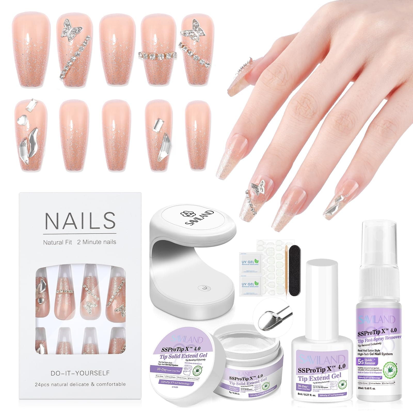 SAVILAND Silver Shiny Press On Nails Starter Kit: Pre-Designed Long-Wear Fake Nails Gel Nail Kit Press Ons 100% Acrylic Tips U V Nail Light Cured GEL Nail Glue False Nails DIY Art Set
