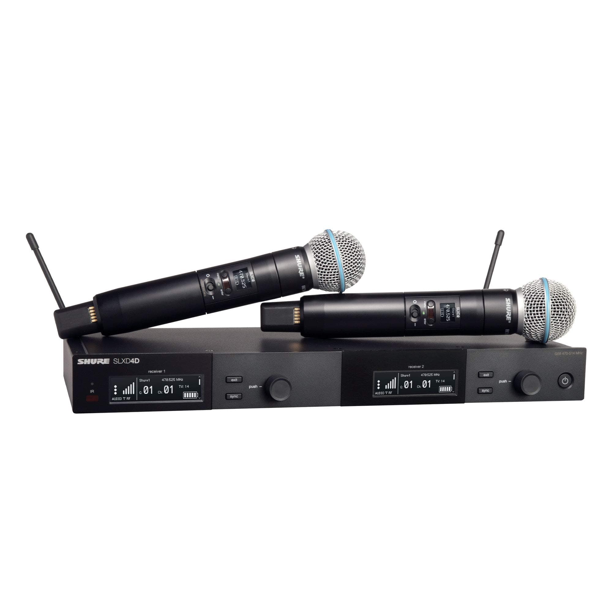 Shure SLXD24D/B58 Dual Channel Digital Wireless Microphone System - Includes Two SLXD2 Handheld Transmitters with BETA 58A Vocal Mic Capsules, SLXD4D Rack Mount Receiver | G58 Band (SLXD24D/B58-G58)