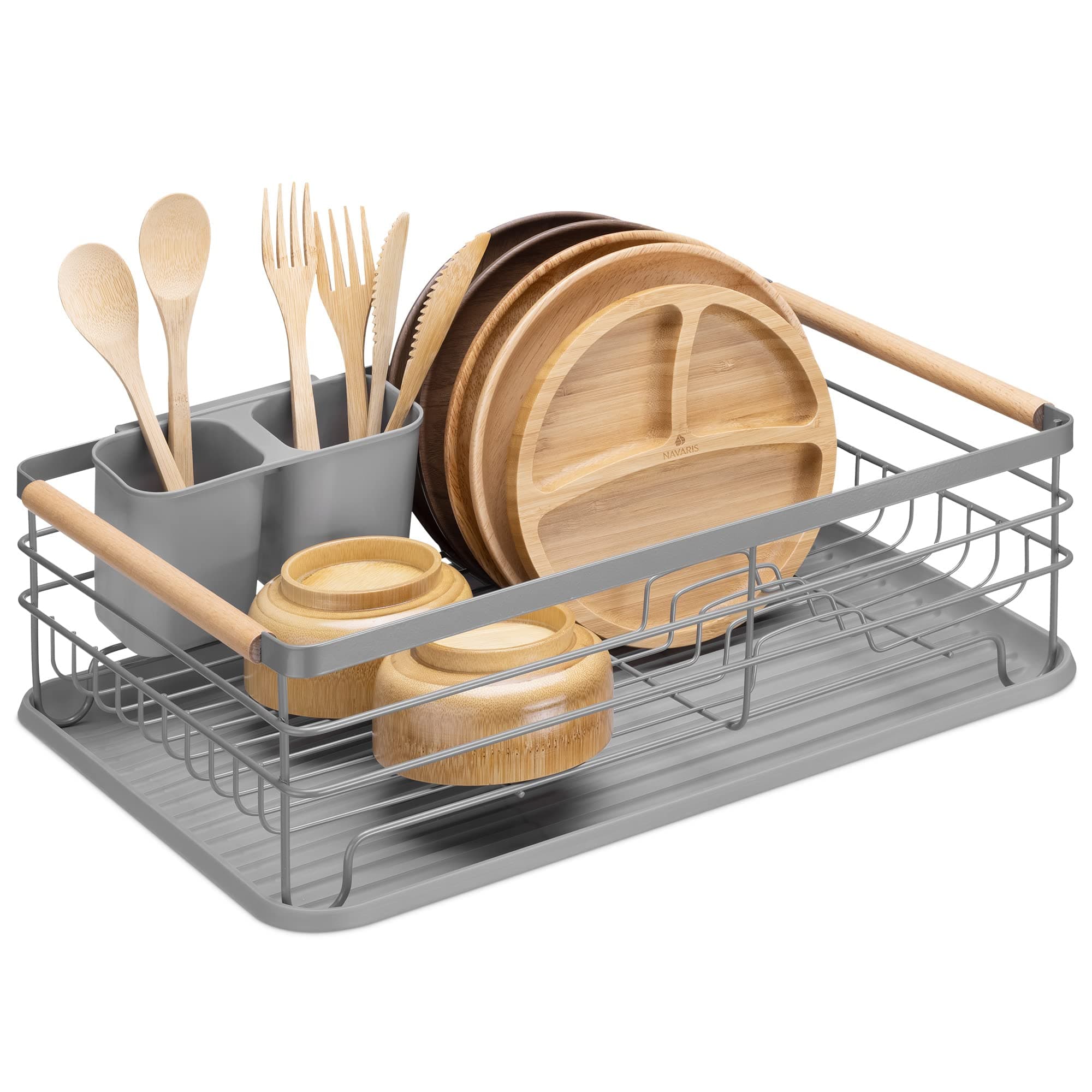 Navaris Dish Drainer Rack - Plate, Silverware, Pots and Pans Drying Rack for Kitchen with Beechwood Handles - Modern Retro Design Drip Tray - Gray