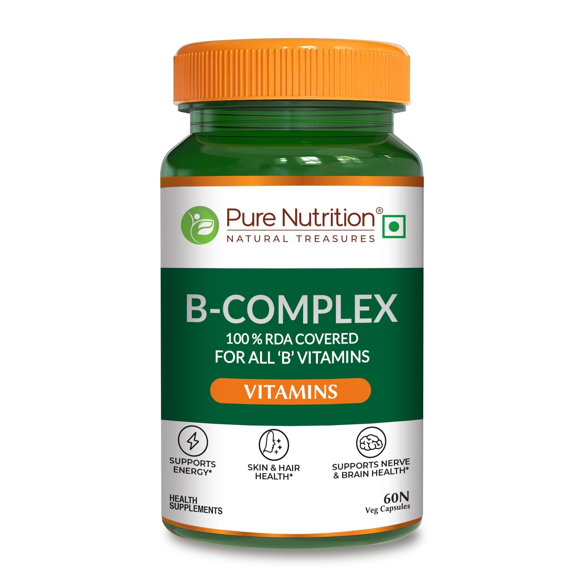 Pure Nutrition B-Complex 60 Veg Tabs – 100% RDA of B1, B2, B3, B5, B6, B9 | Boosts Immunity, Supports Hair Growth, Energy & Overall Health for Men & Women