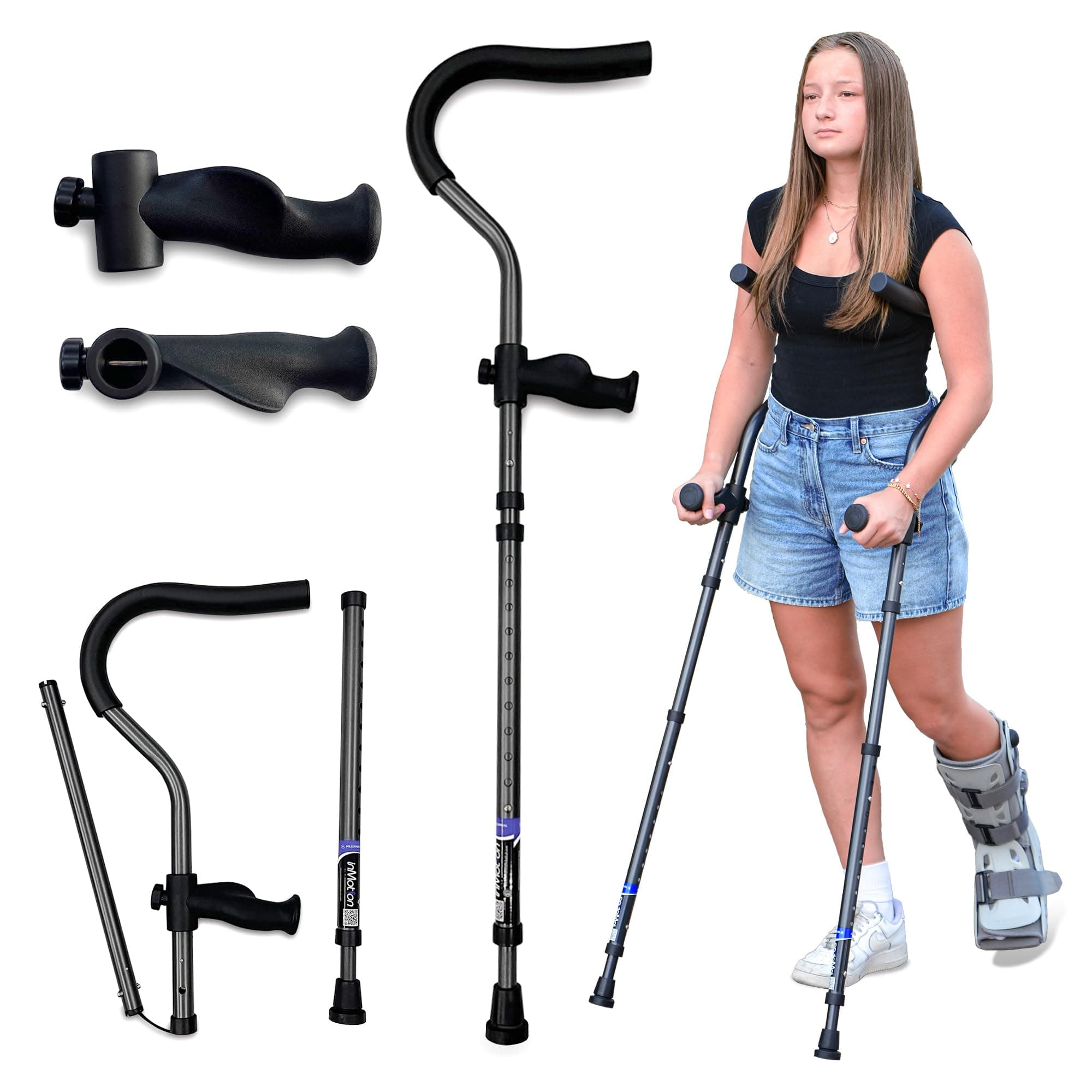 In-Motion Pro Ergonomic Foldable Crutches | Size Short (4'6" - 5'6") | Charcoal Grey : Short (4'6 - 5'6), Charcoal Grey