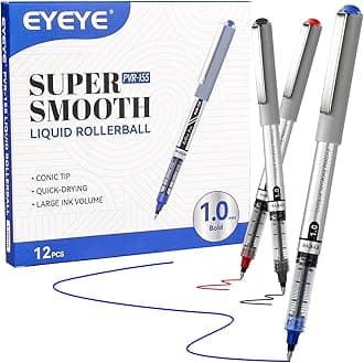 EYEYE Rollerball Pens 1.0mm, 12 Pack 3 Colors Bold Point Roller Ball Pen Quick Dry, Liquid Ink Rollerball Pens Fine Point Smooth Writing Pen for Journaling, Note Taking, Office, School Supplies