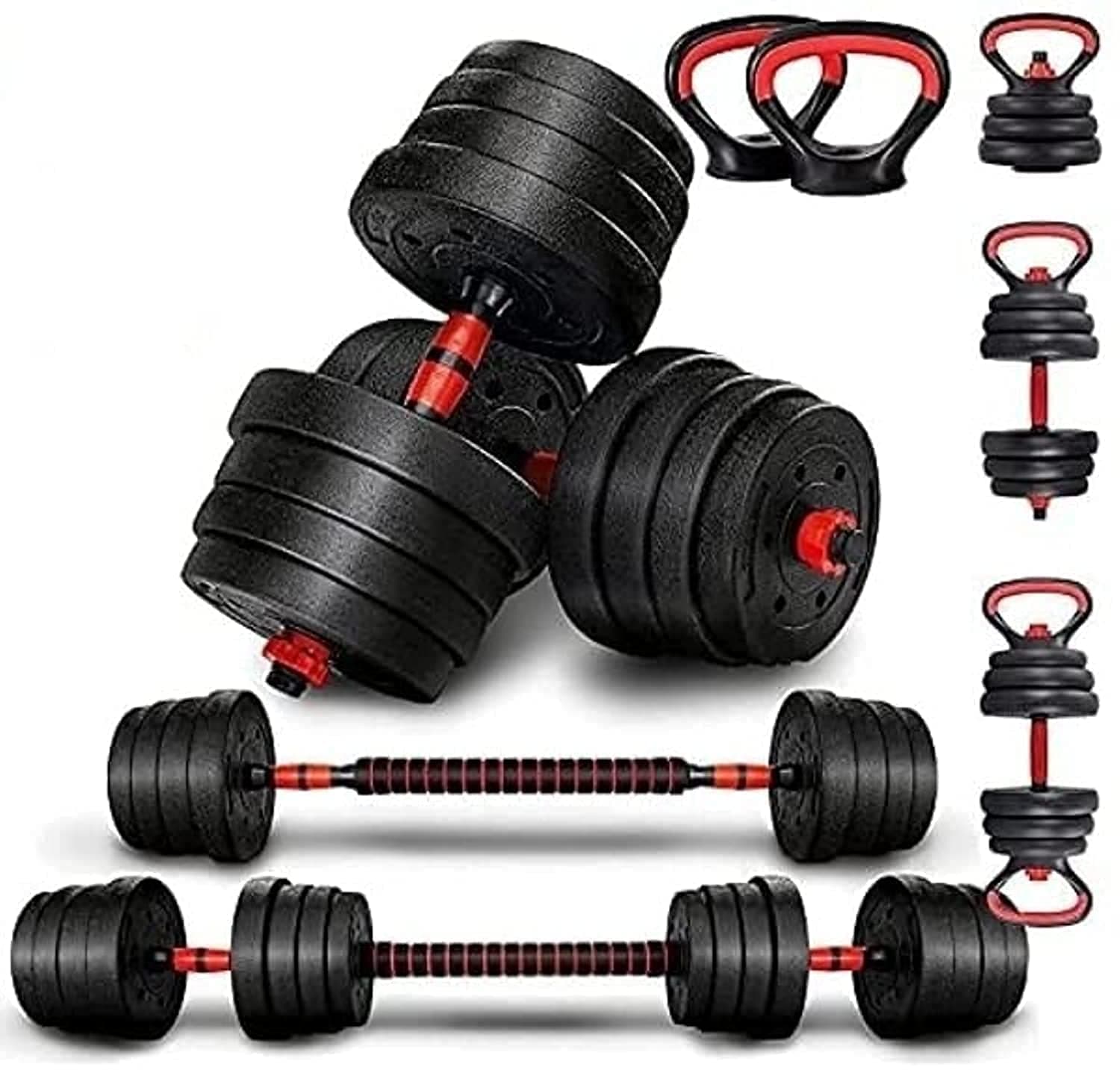 Adjustable 7 in 1 Dumbbell Set, Free Weights Dumbbells Set with Connecting Rod Used as Barbell, Kettlebell and Push-ups, Weightlifting Fitness for Home/Office