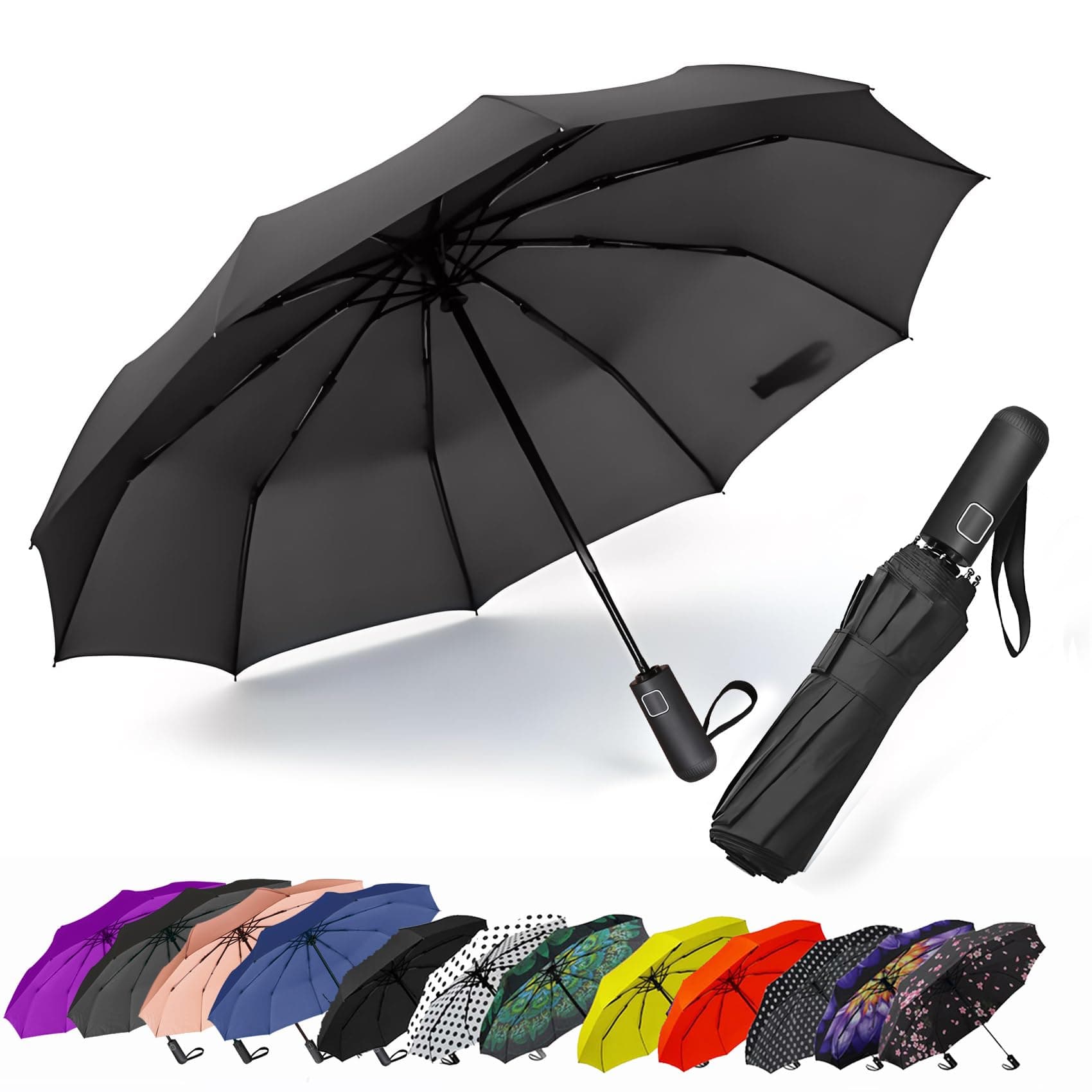 SIEPASA Windproof Travel Compact Umbrella-Automatic Umbrellas for Rain-Compact Folding Umbrella, Travel Umbrella Compact, Windproof Umbrellas for Men Women Teenage.(Black, 54 Inch)