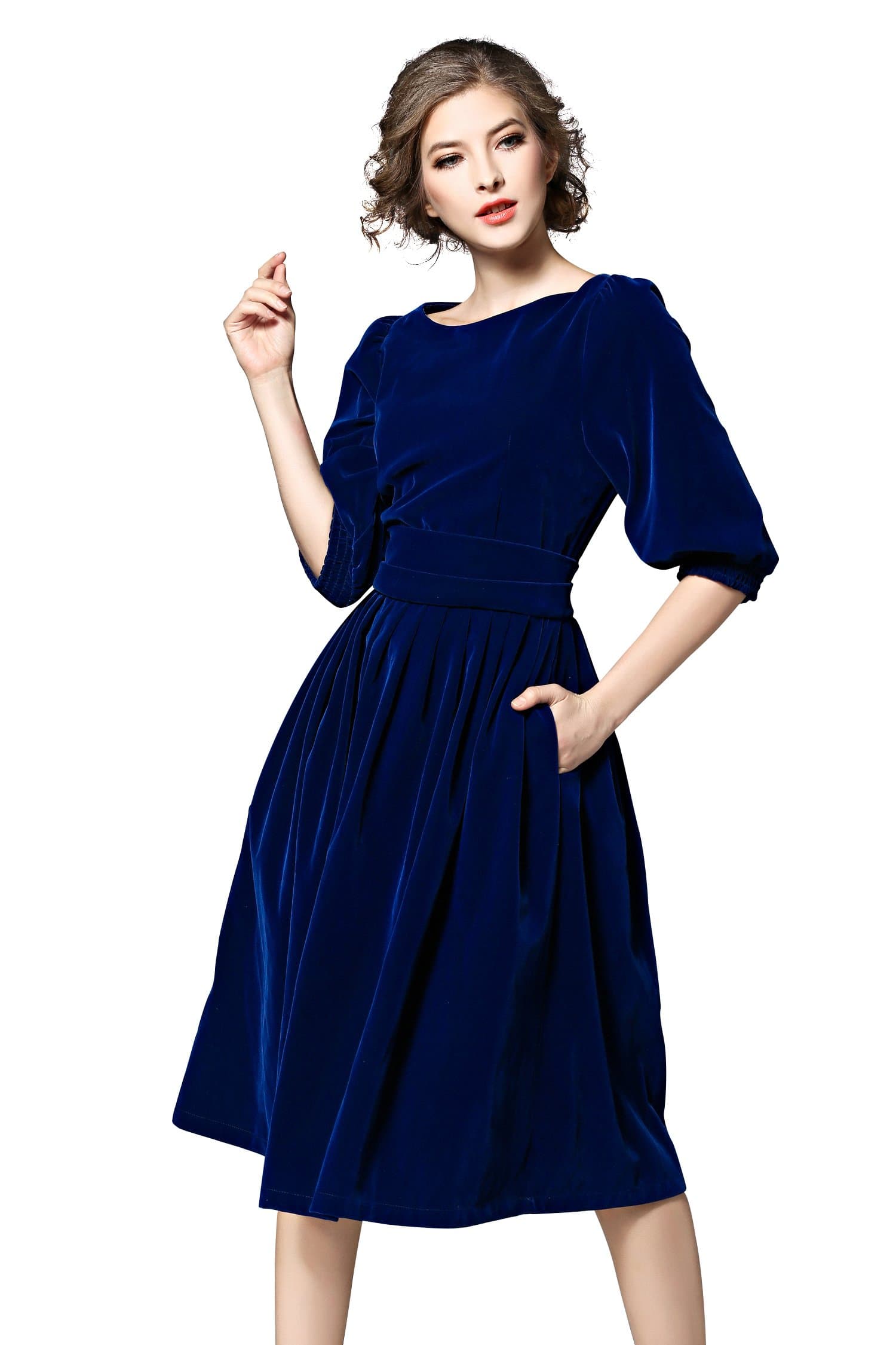 LAI MENG FIVE CATS Women's Scoop-Neck Solid Three-Quarter-Sleeve Knee Fit-and-Flare Dress, Royalblue, 4