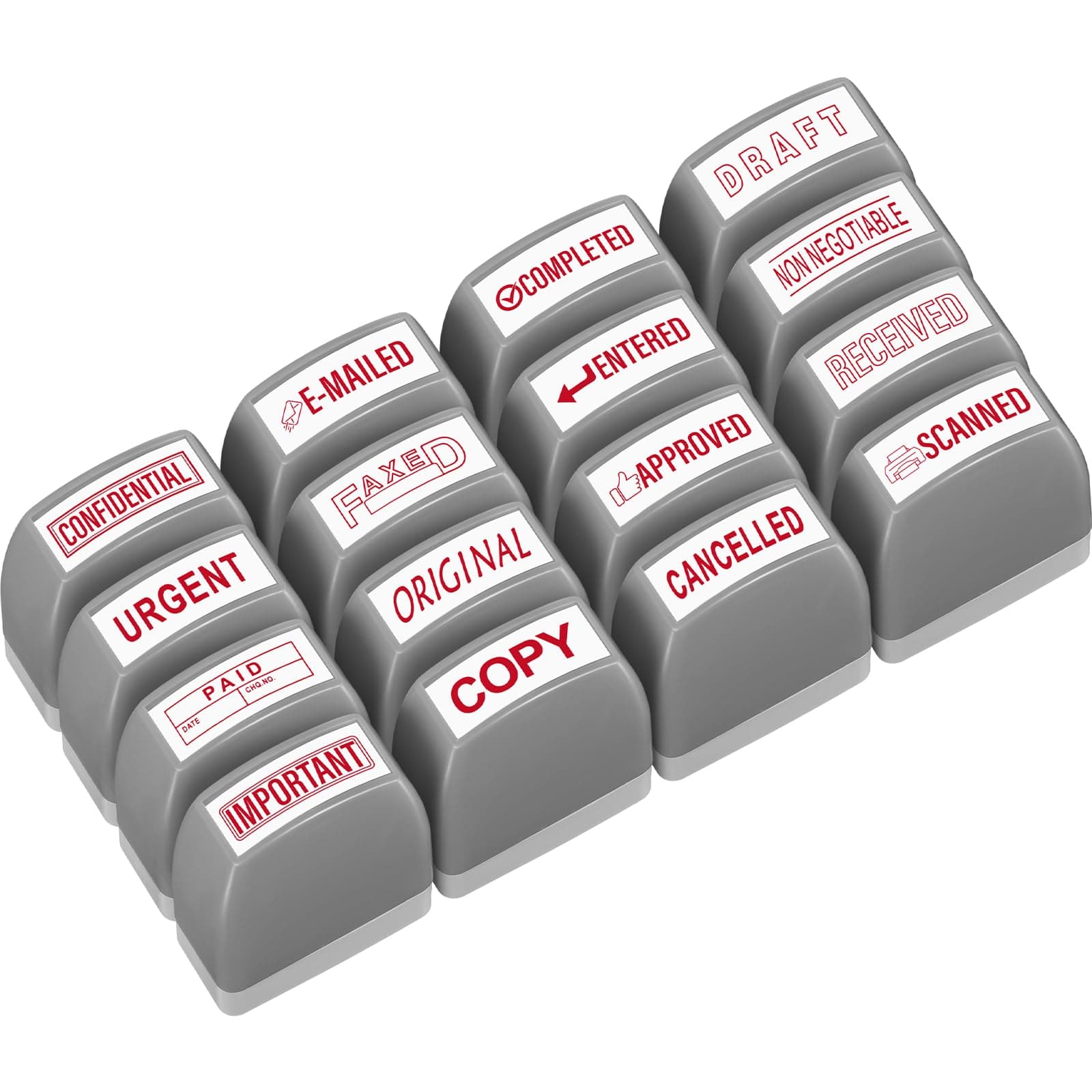 Crtiin 16 Pcs Office Stamp Set Message Self Inking Rubber Stamp Set for Office Stamps Completed Faxed Scanned Stamps for Message Supplies(Red, Grey)