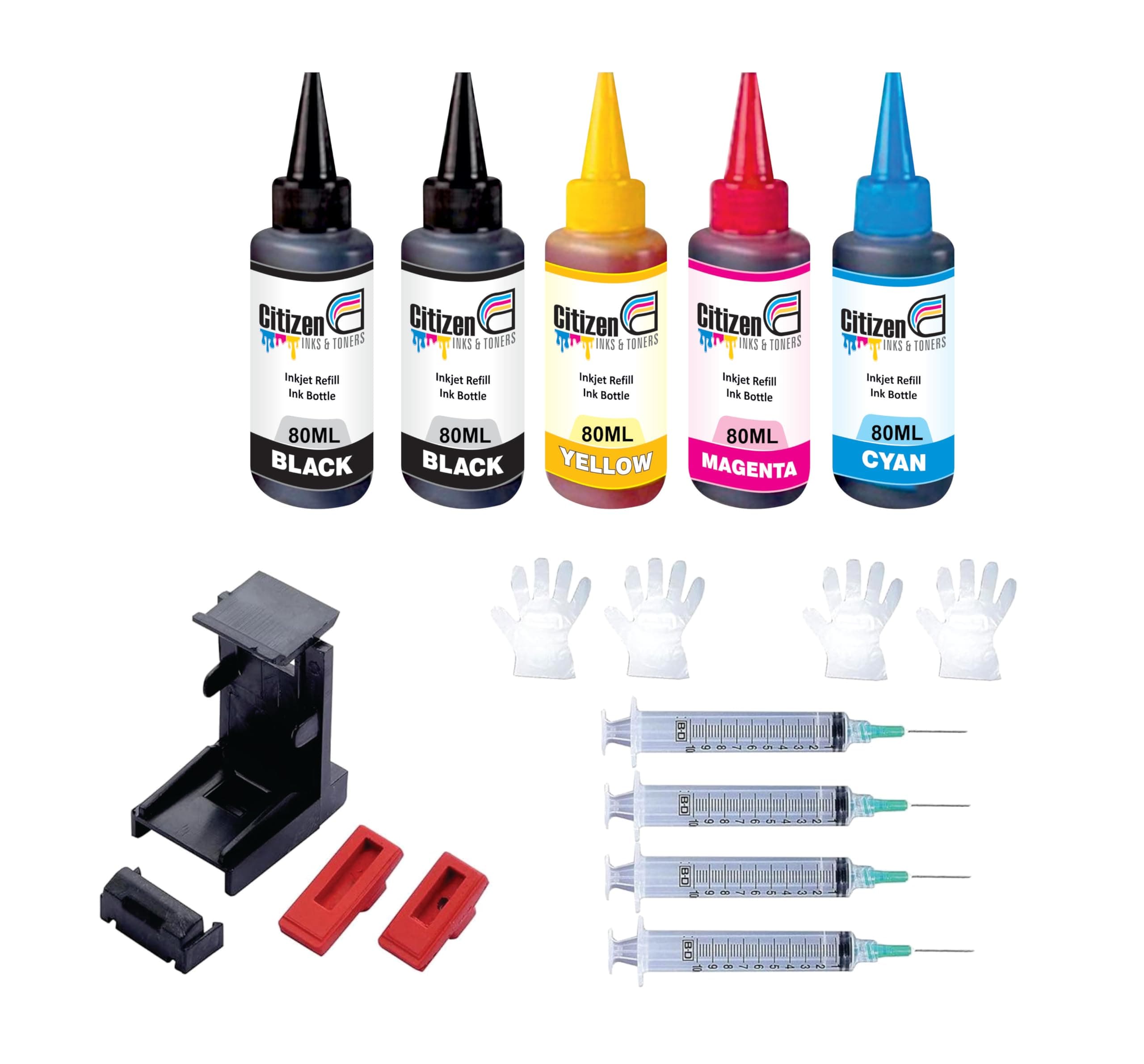 Refill Kit with Suction Tool Combo Pack of High Yield Inkjet Cartridge Ink Refill Compatible for HP and Canon Cartridge Printers - 80ml Per Bottle (5 Ink Bottle Full Set)