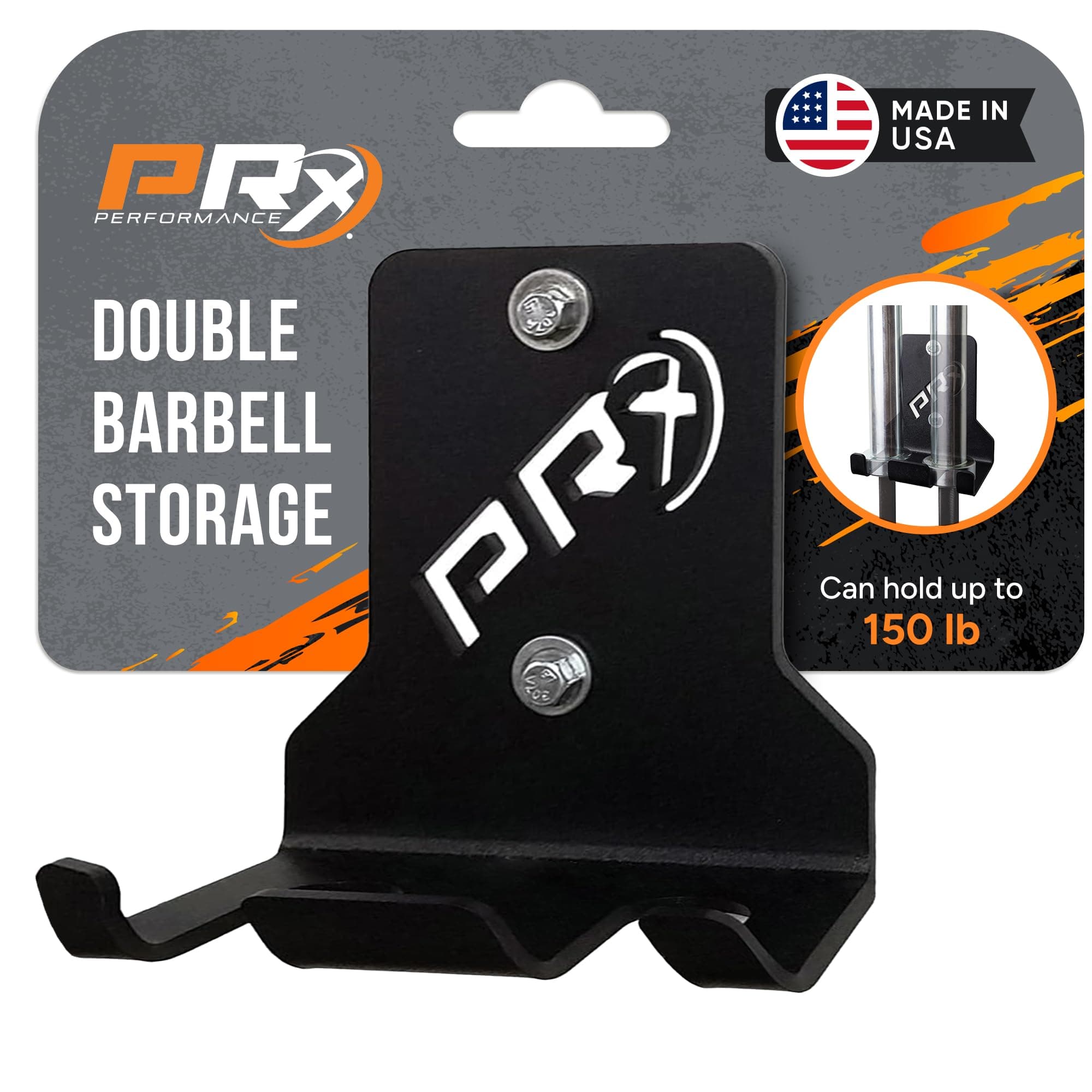 PRx Performance Double Barbell Storage, Wall Mounted Hanging Bar Holder, American Steel, Black Powder Coated, Space Saving Commercial or Home Gym Accessory