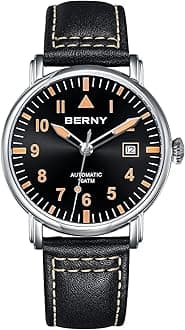 BERNY Mechanical Automatic Watch for Men Self Winding Leather Strap Classic Aviation Wristwatches Waterproof 10ATM Sapphire Glass Scratch Resistant Super Luminous
