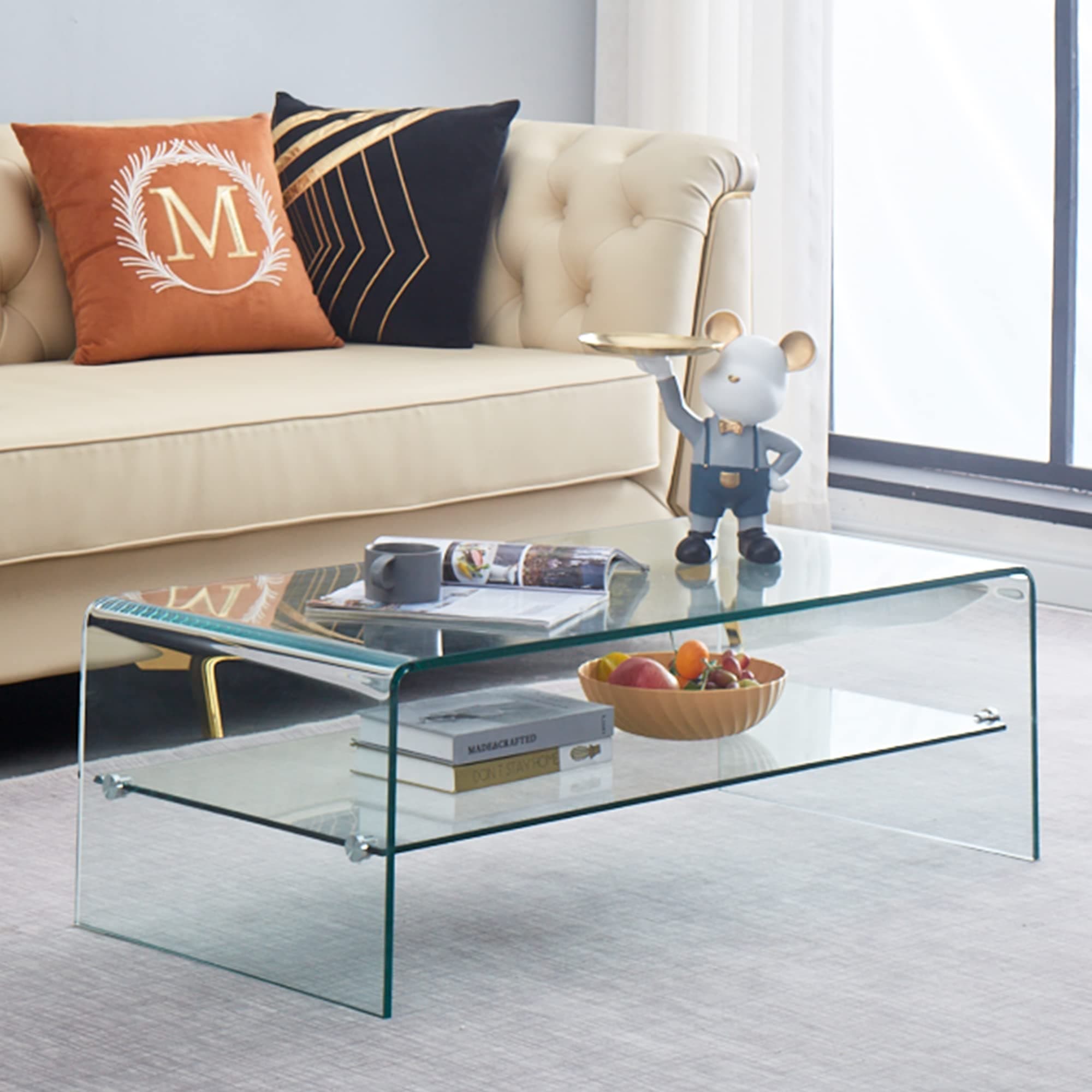 Clear Coffee Table, Modern 2-Layer Storage Waterfall Tempered Glass Coffee Tables for Living Room, Easy to Clean and Safe Rounded Edges 19.7" D x 39.4" W x 13.8" H