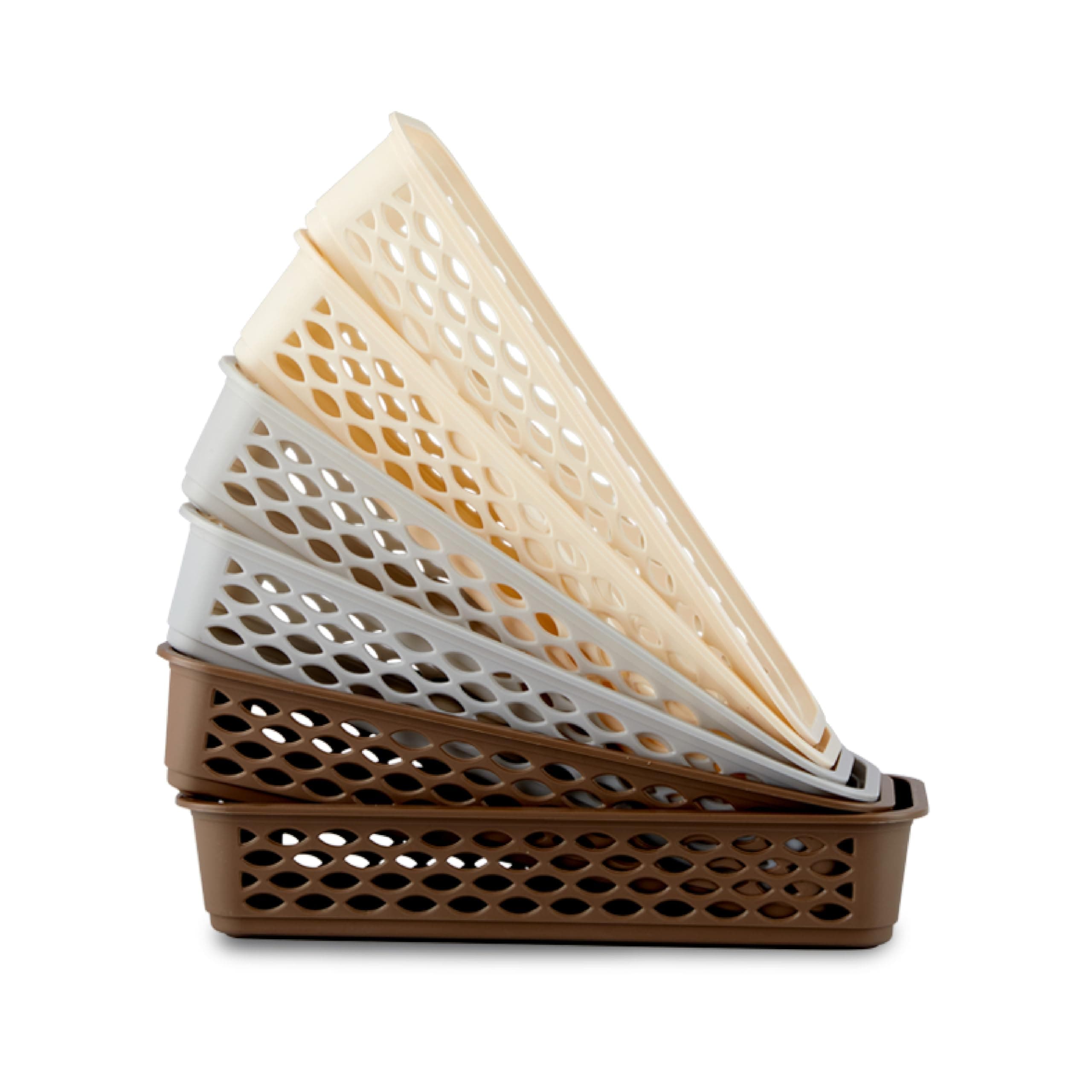 RATAN PLASTICWARE Diana Tray Rectangular-Narrow (Pack of 6) Plastic Storage for Desk Basket/Organizers for Stationery, Jewellery, Tools,Kitchen, Office- Lt Brown/Daiso Grey/Twist Beige