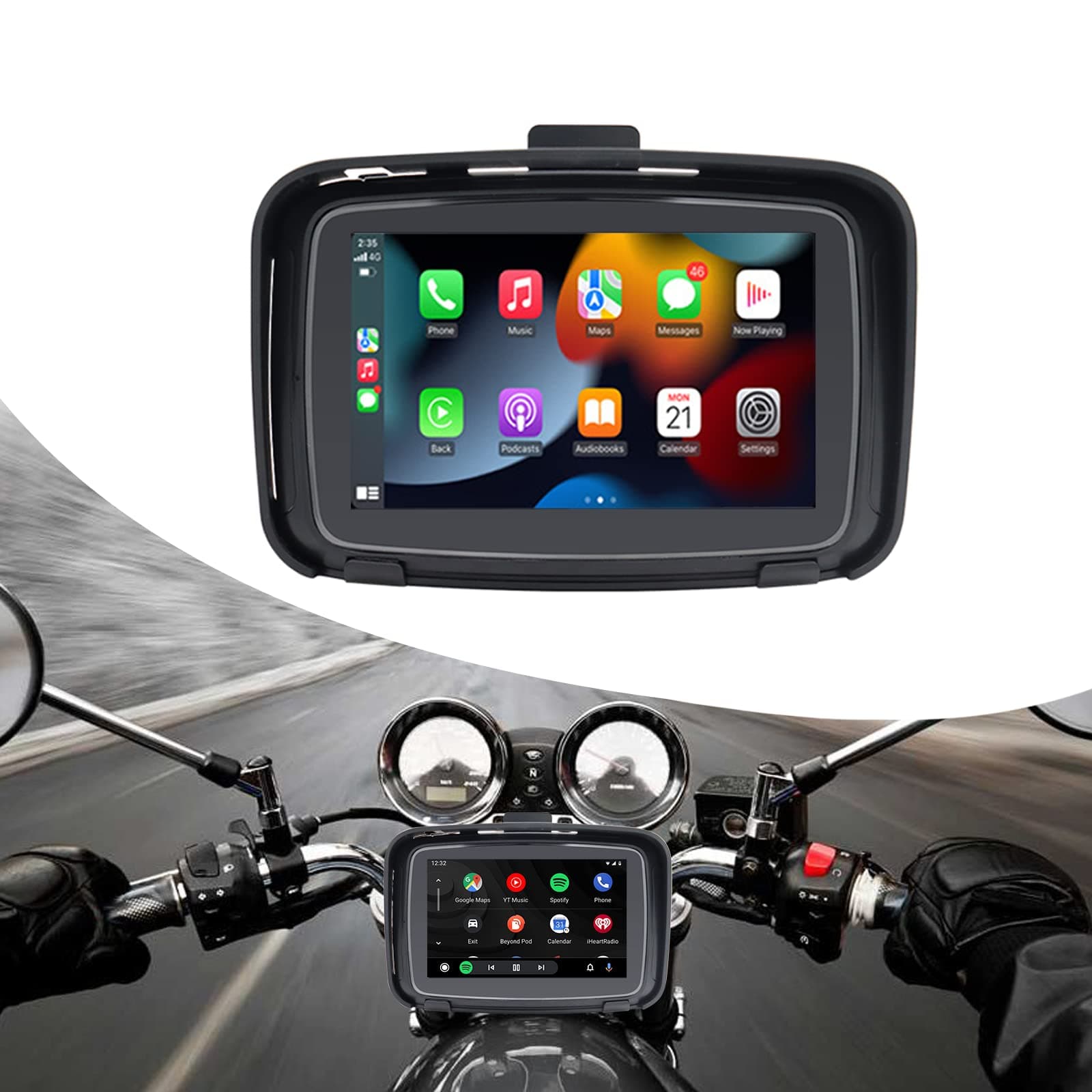 ABUWU Motorcycle GPS Navigation System, 5 Inch Touchscreen with Wireless CarPlay/Android Auto Bluetooth IPX7 Waterproof for Motorbike
