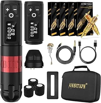 Ambition Soldier Wireless Tattoo Machine Kit Complete Rotary Coreless Motor Tattoo Pen Kit with Extra 2400mAh Battery 80pcs Glory Mixed Size Cartridge Needles Supply for Professional Tattoo Artist